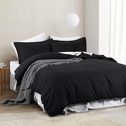 Miniatura 8 de Juego de funda de edredón negra de 3 piezas, tamaño Queen, funda de edredón con lazos en las esquinas y cierre de cremallera, resistente a las