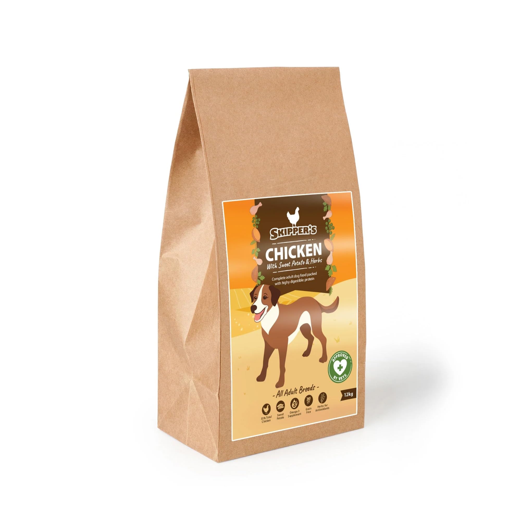 SKIPPER'S Chicken with Sweet Potato & Herbs Dog Food - 55% Chicken, Grain & Gluten Free Dog Treat, Perfect for Training, Gentle Digestion, Omega 3 Supplement (12 KG (Pack of 1))