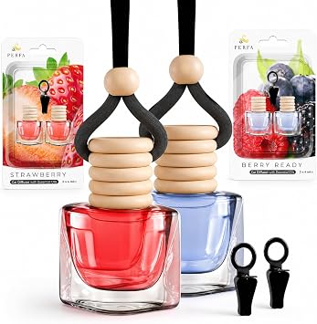 Berry Cherry & Strawberry Vanilla Car Air Freshener Bundle | Fruity Scent Hanging Bottle Diffuser Duo with Vent Clip | Long Lasting Car Essentials, Slow-Release Aroma Technology, Adjustable Intensity
