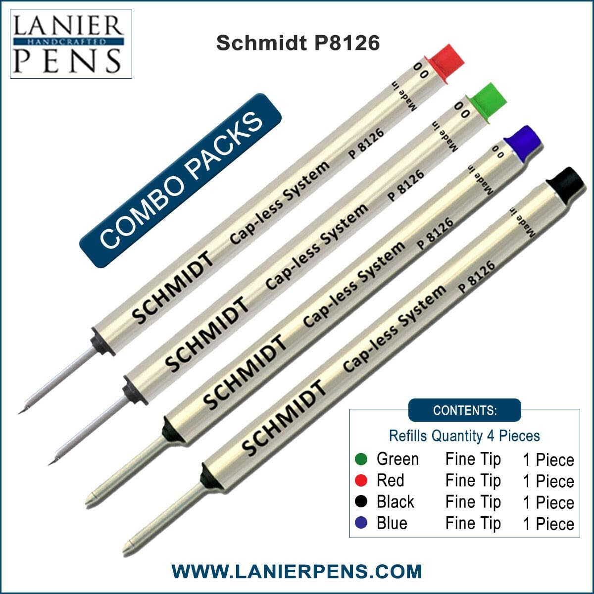Pack of 4 - Schmidt P8126 Capless System Rollerball Refill Green/Red/Black/Blue Fine Tip