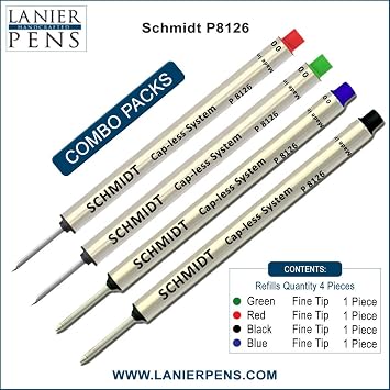 Pack of 4 - Schmidt P8126 Capless System Rollerball Refill Green/Red/Black/Blue Fine Tip