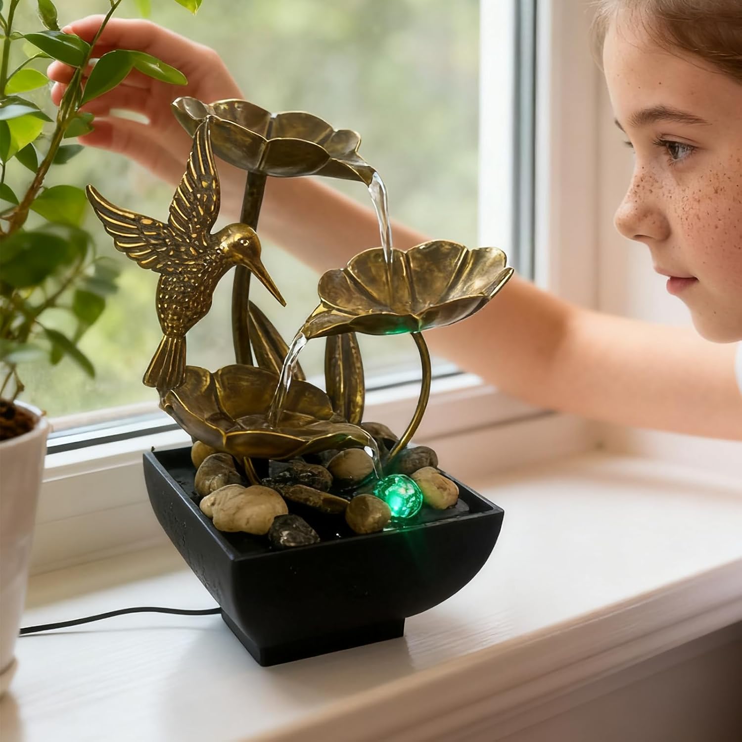 AOZITA Tabletop Fountain, Indoor Waterfall Fountain, Small Home Décor Zen Relaxation Soothing Sound Machine for Office, Living Room, or Bedroom, Bronze Metal Lotus with Hummingbird, River Rocks, LED