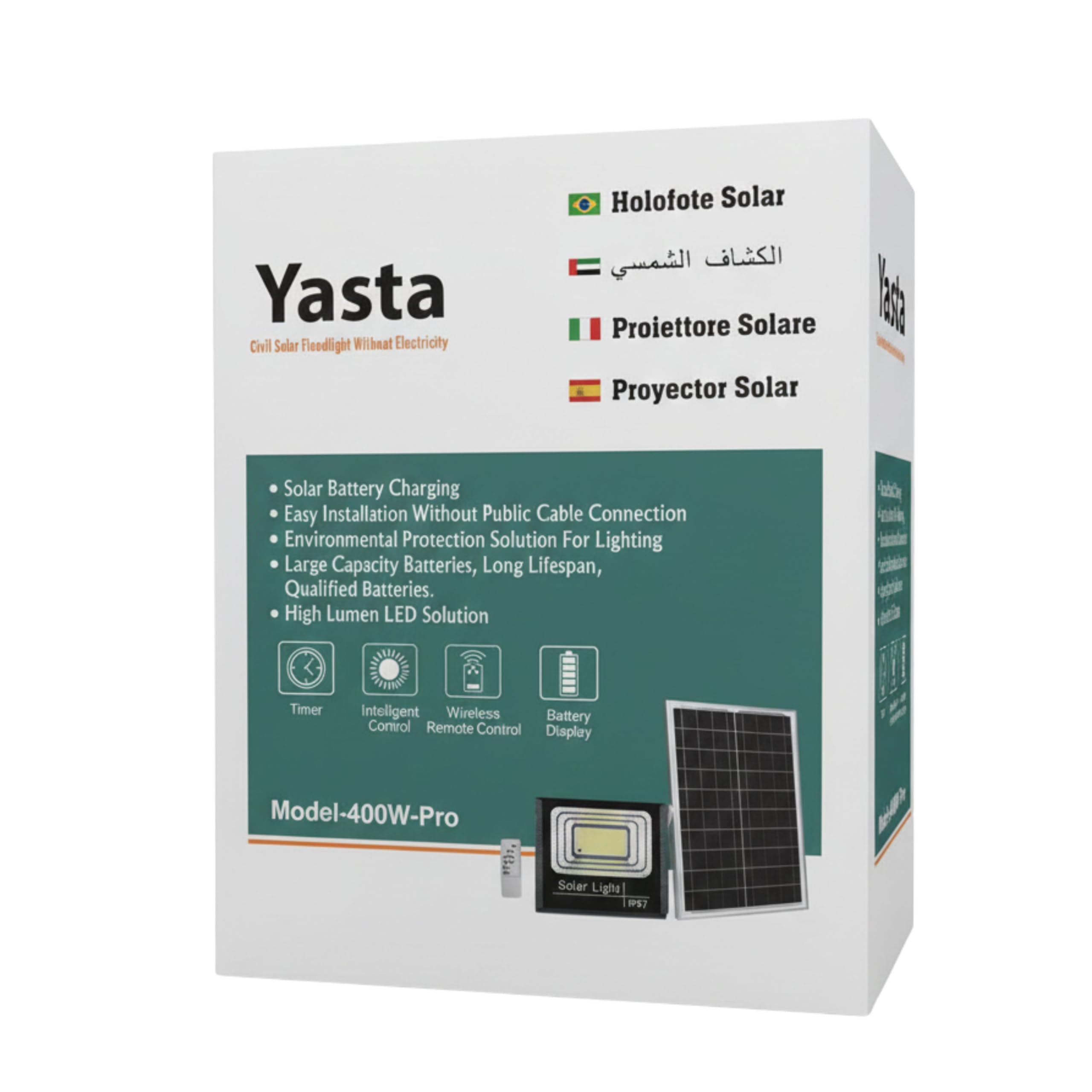 YASTA 3 Pezzi Faro LED Esterno Solare 400W PRO Luce Fredda con Telecomando | Alta luminosità 6500K, IP67 Impermeabile, Lampione con pannello separato, Sensore crepuscolare, Cavo lungo da 4 metri