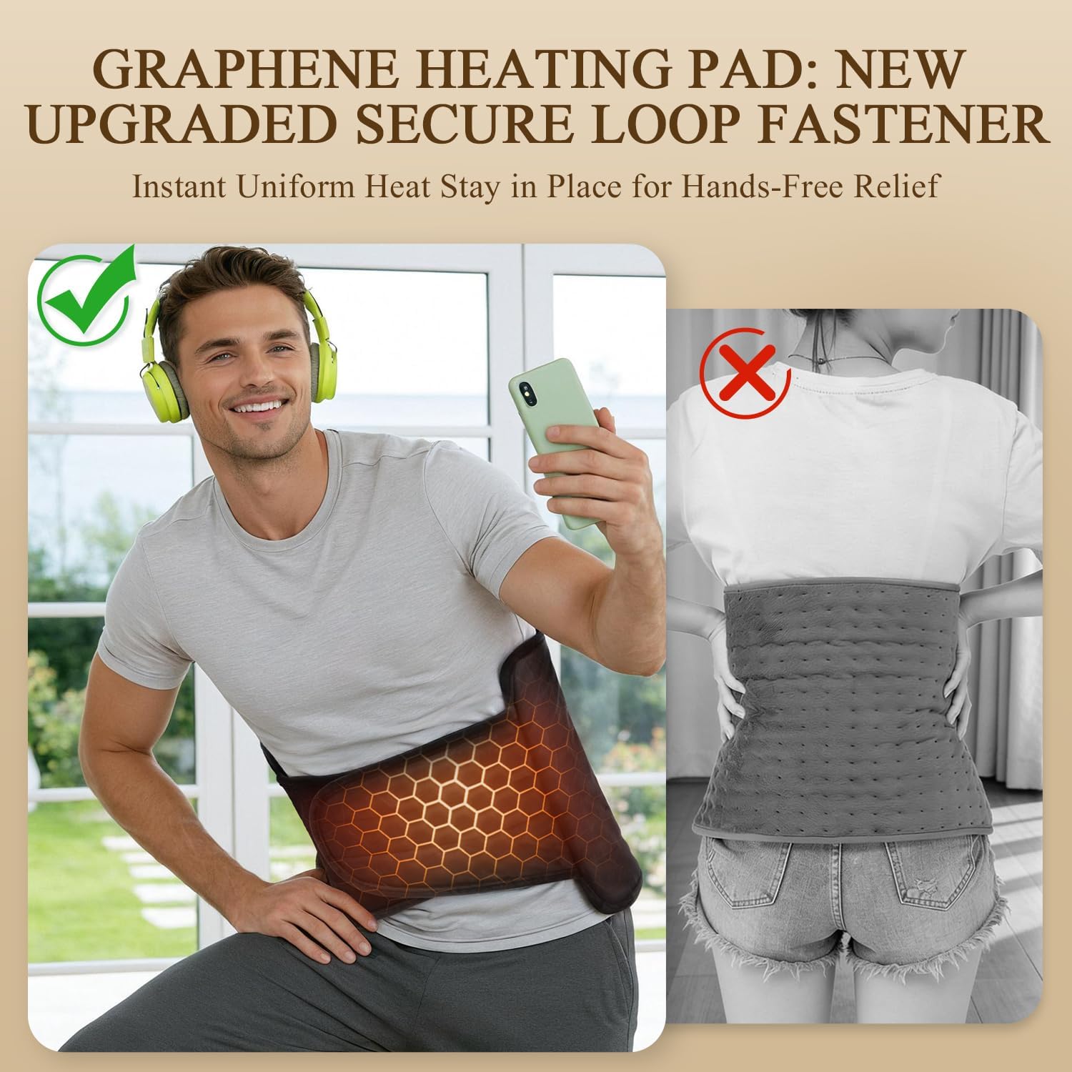 lower back heating pad: 2x graphene wrap around heat pad for deep pain relief - extra hot for back waist hip belly cramps - overheating protection 4h auto-off 8 heat settings 12"x44" black