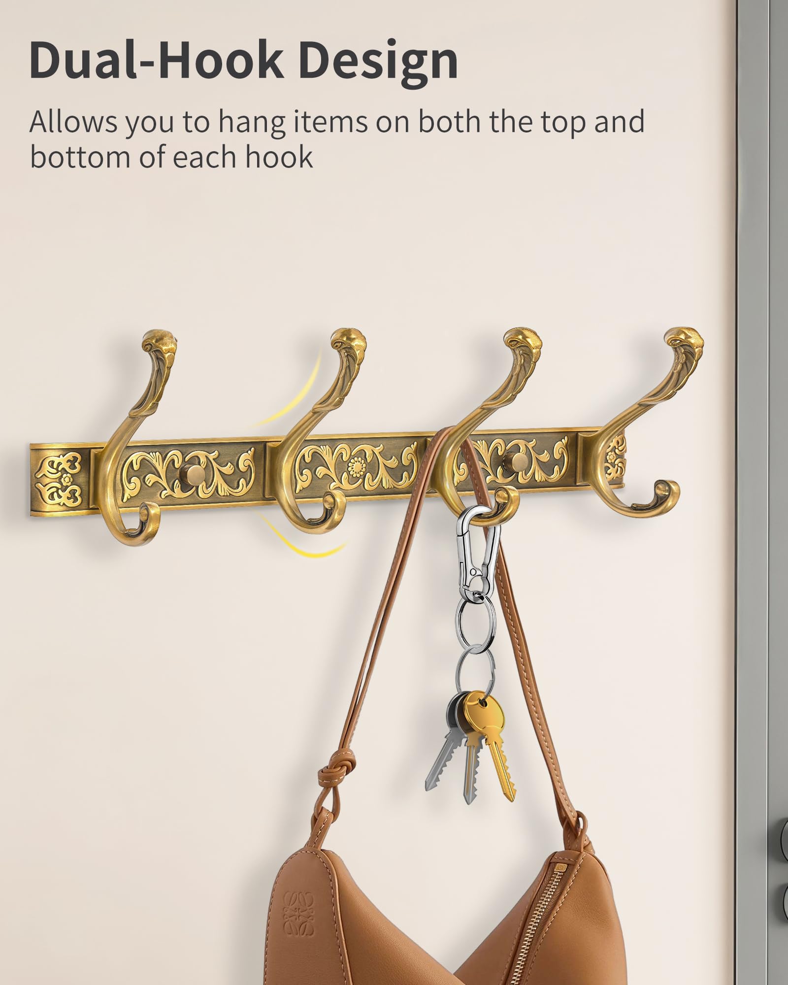 Vintage Garderobenleiste Wandhalterung, dekorative Wandgarderobe mit 4 Haken zum Aufhängen von Schlüssel, Geldbörse, Hut, Bademantel, Handtuch, Kleidung, einzigartiger Kleiderbügel für