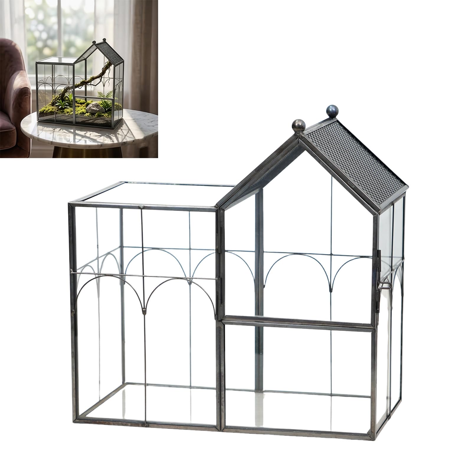Dekoratives Terrarienhaus für die Wohnraumdekoration, Klarglas Vitrine mit Hausform, zu öffnender Blende und kompakter Glas Terrarium Vitrine mit kleinem Platzbedarf und schwarzem Rahmen mit zu Blende
