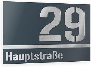 Placa número para exterior de duas linhas – 250 x 175 mm, antracite, RAL 7016, aço inoxidável V2A (AISI 304), personalizável