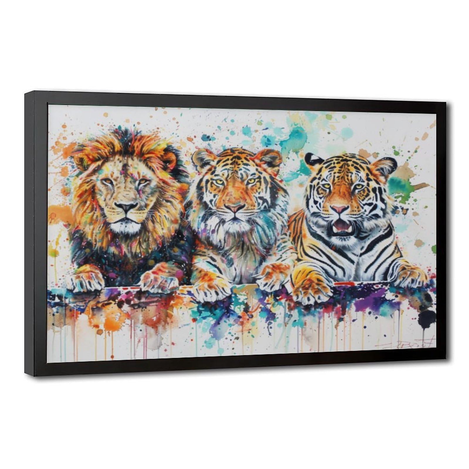Pyberon Black Frame-Style Lions, Tigers, Leopards Canvas Poster For Office Decor Gift