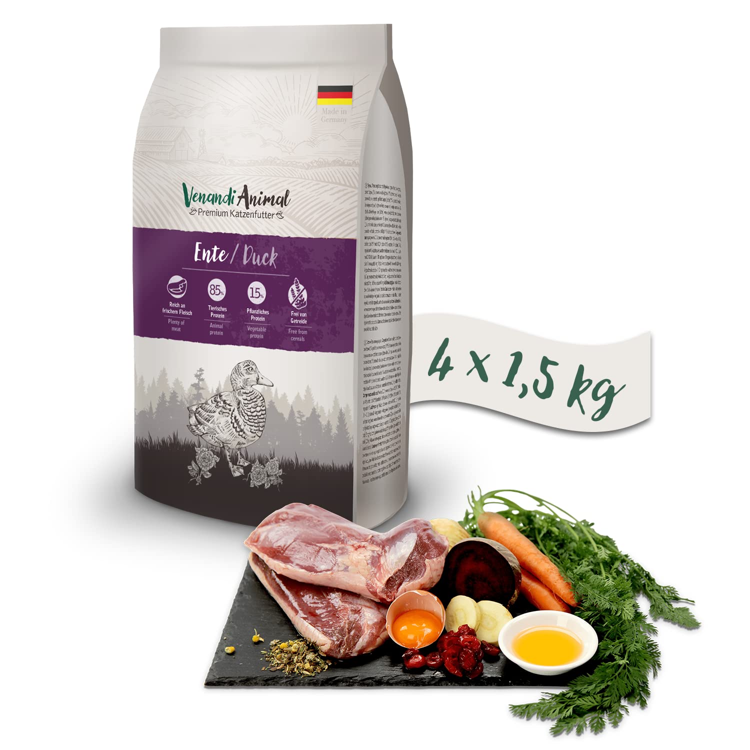 Venandi Animal Premium Trockenfutter für Katzen, Ente 4x1,5 kg, getreidefrei mit viel frischem Fleisch, 1.5 kg