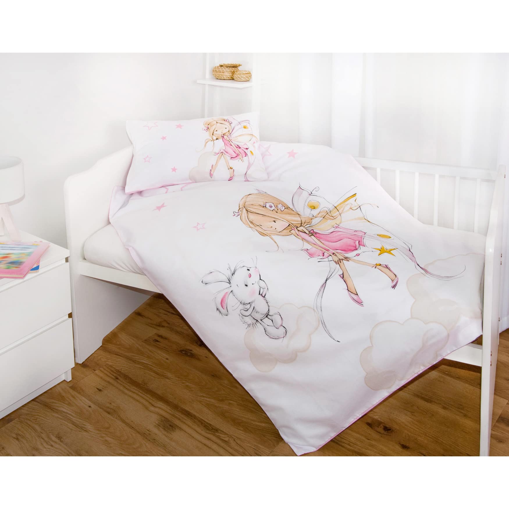 Herding Set Biancheria da Letto Little Fairy, MADE IN GREEN by OEKO TEX, Federa 40 x 60 cm con Chiusura a Busta, Copripiumino 100 x 135 cm con Cerniera Scorrevole, 100% Cotone Renforcé, Rosa