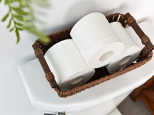 Miniatura 4 de StorageWorks Cestas de mimbre pequeñas tejidas a mano, cestas redondas de almacenamiento de cuerda de papel con asas de madera, marrón oscuro,