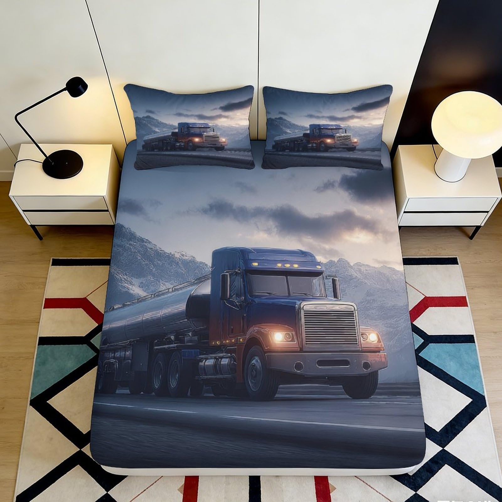 Jxqhbvmg Style-9 3D Printed Truck Pattern Fitted Sheet Microfiber Deep Pocket Non-Slip Truck Mattress Fitted Cover Elastic Hem Washable Bedroom Bedding 90X200x25cm