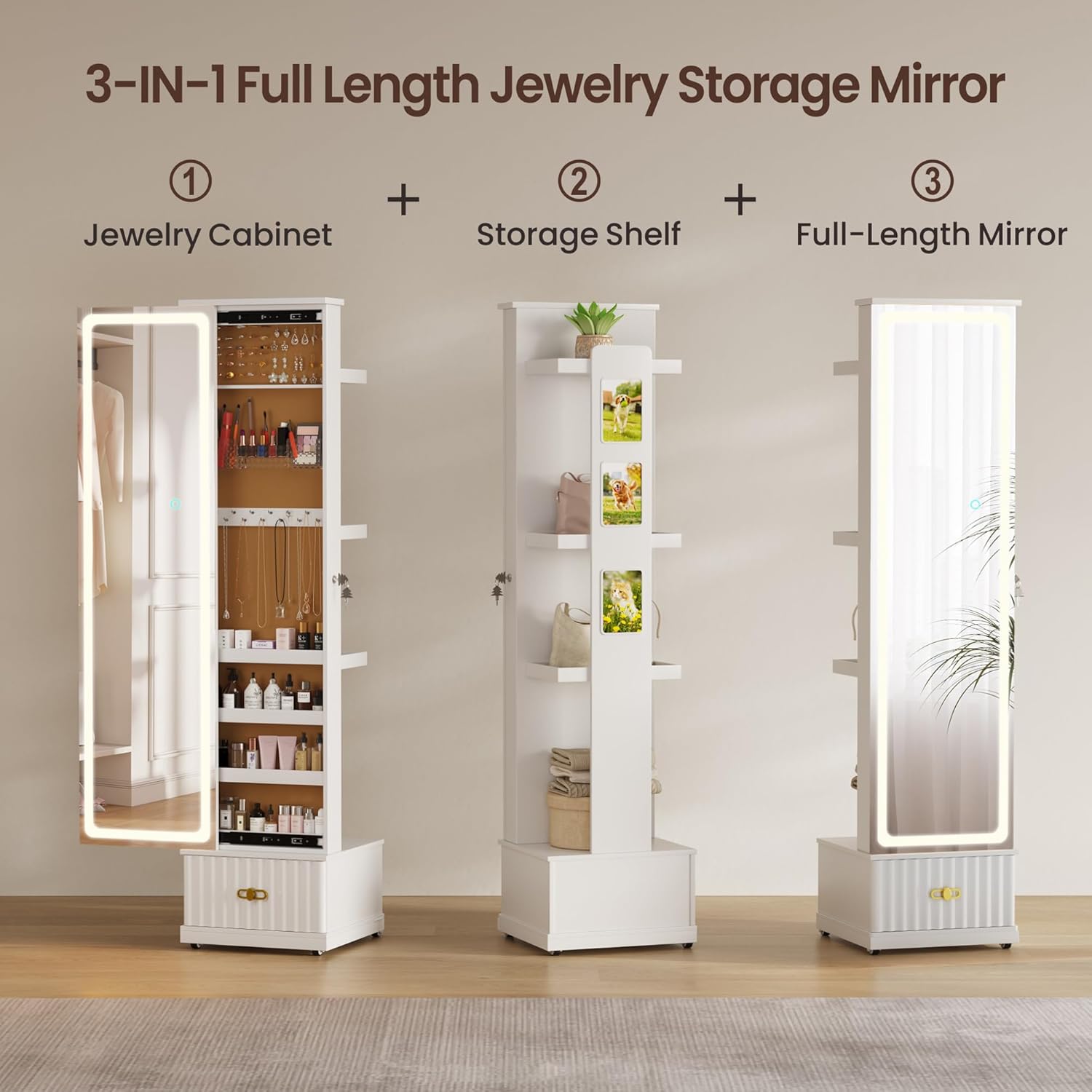 Lvifur Jewelry Cabinet with LED Mirror - Side Sliding Door Jewelry Armoires for Bedroom,Standing Jewelry Organizer with Full Length Mirror&3 Photo Frames&Drawer&Movable Wheels for Cloakroom,White - Image 6