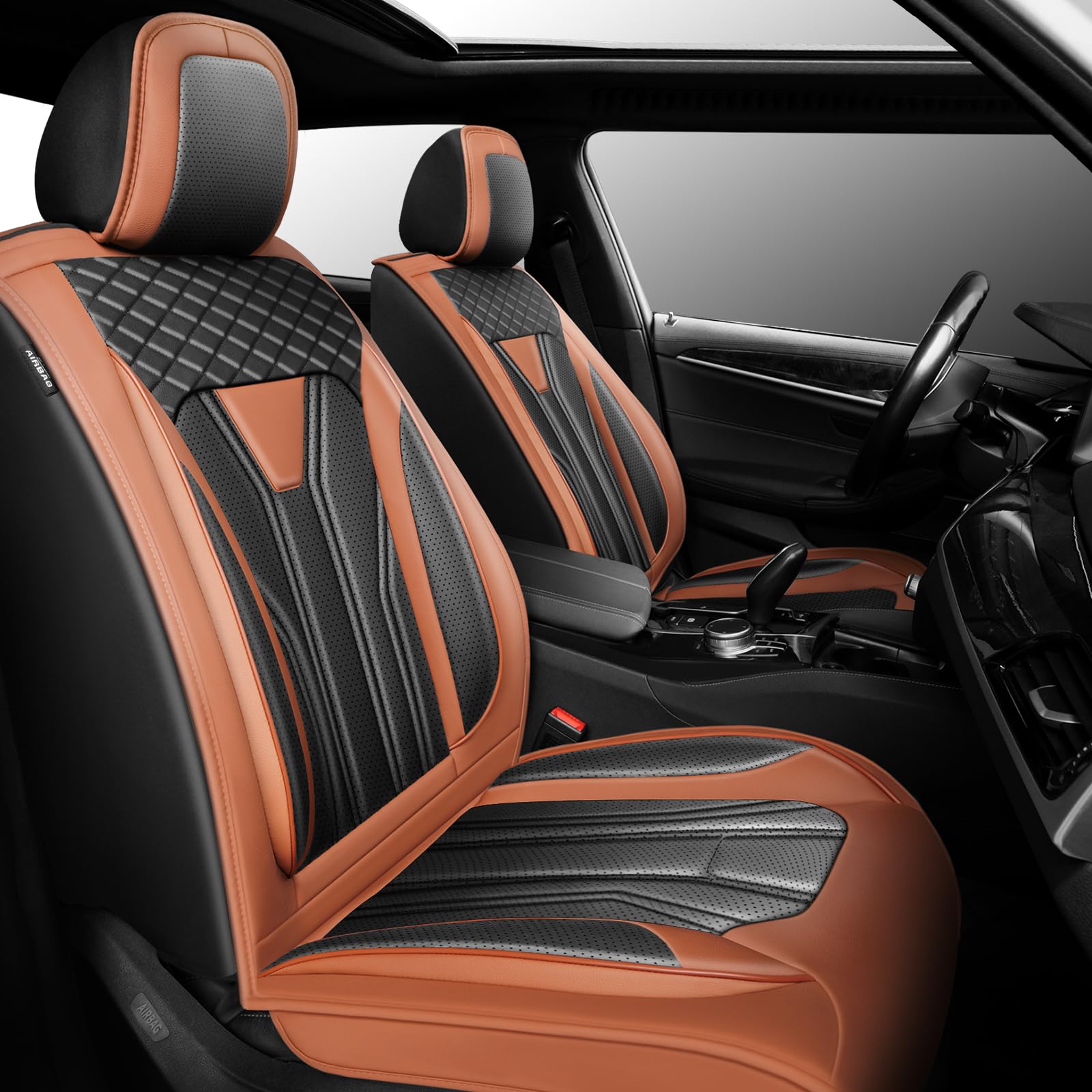 Fit Yaris Car Seat Covers Compatible with Toyota Yaris 2008-2018 2019 - Premium Leather， Waterproof Breathable， All-Weather Seat Cushion Protecto&Airbag Compatible (2 Front Seat Brown&Black)