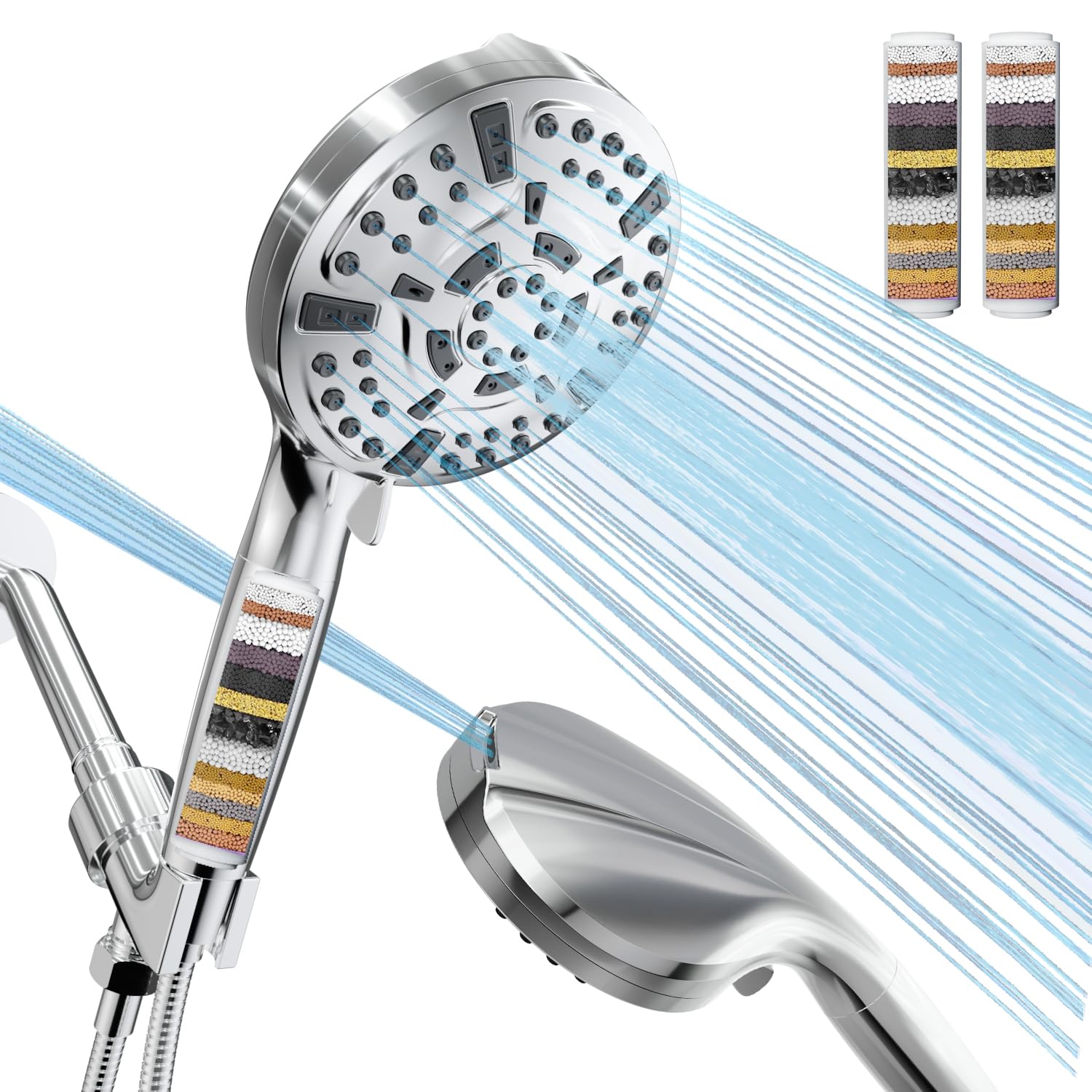 VEHHE Filtered Shower Head with Handheld, 9 Modes & Pause Mode Adjustable, High Pressure Shower Head, Replaceable Filter Soften Hard Water Remove Chlorine, Anti-Clog Nozzle, Silver
