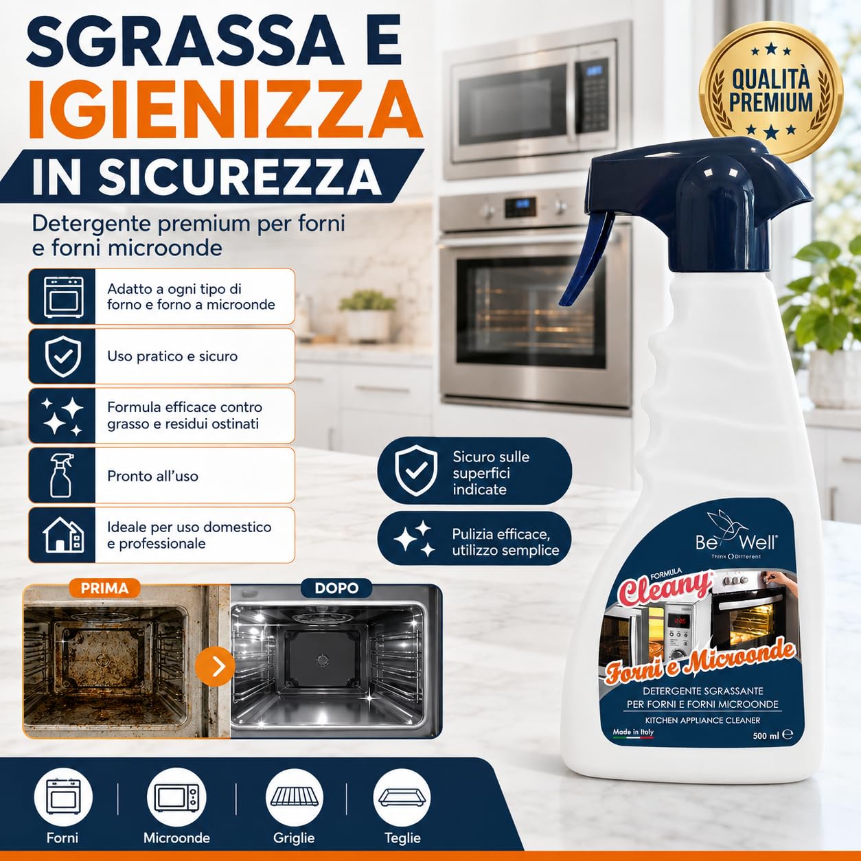 CLEANY Detergente Sgrassante Spray per Forni e Microonde, Formula Professionale, 500 ml, Made in Italy