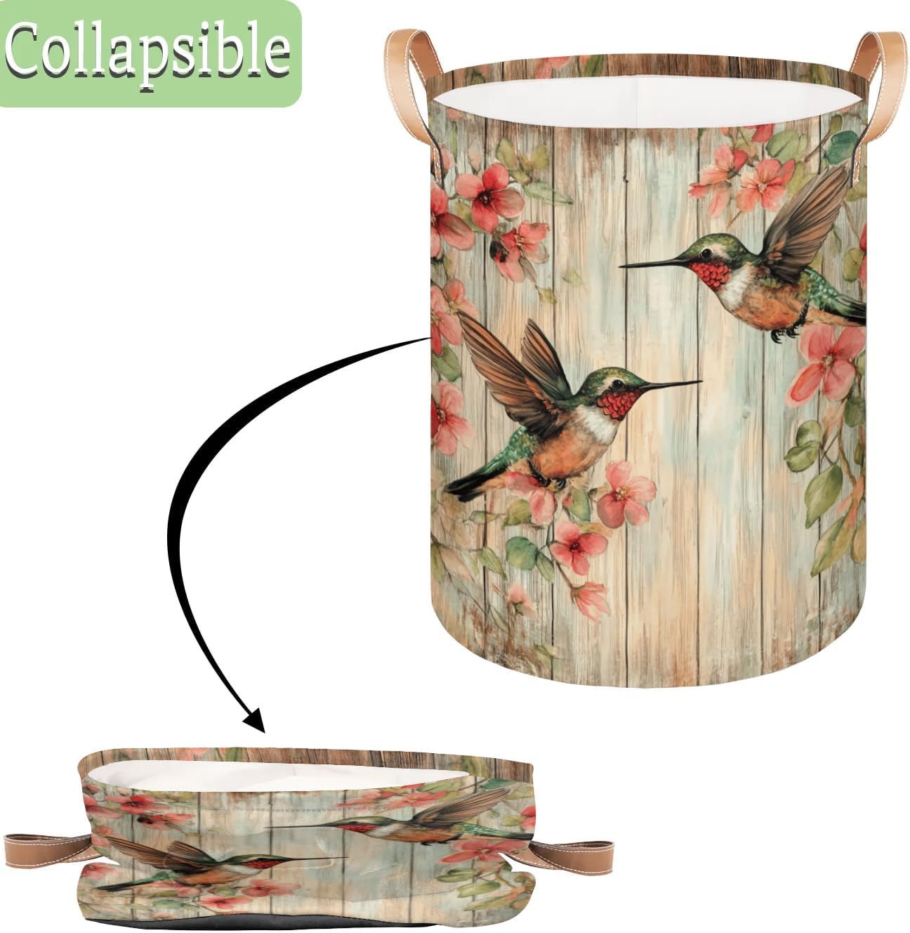 Vintage Flower Hummingbird Laundry Basket Wooden Board Large Laundry Hamper Collapsible Organizer Basket Clothes Bin Storage Boxs for Bedroom Bathroom Dorm
