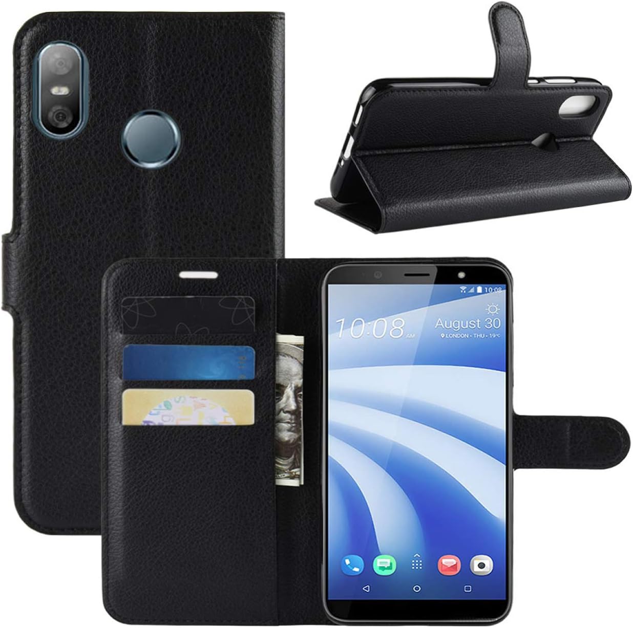 HTC U12 Life Case, Fettion Premium PU Leather Wallet Flip Phone Protective Case Cover with Card Holder for HTC U12 Life 2018 Smartphone (Black)
