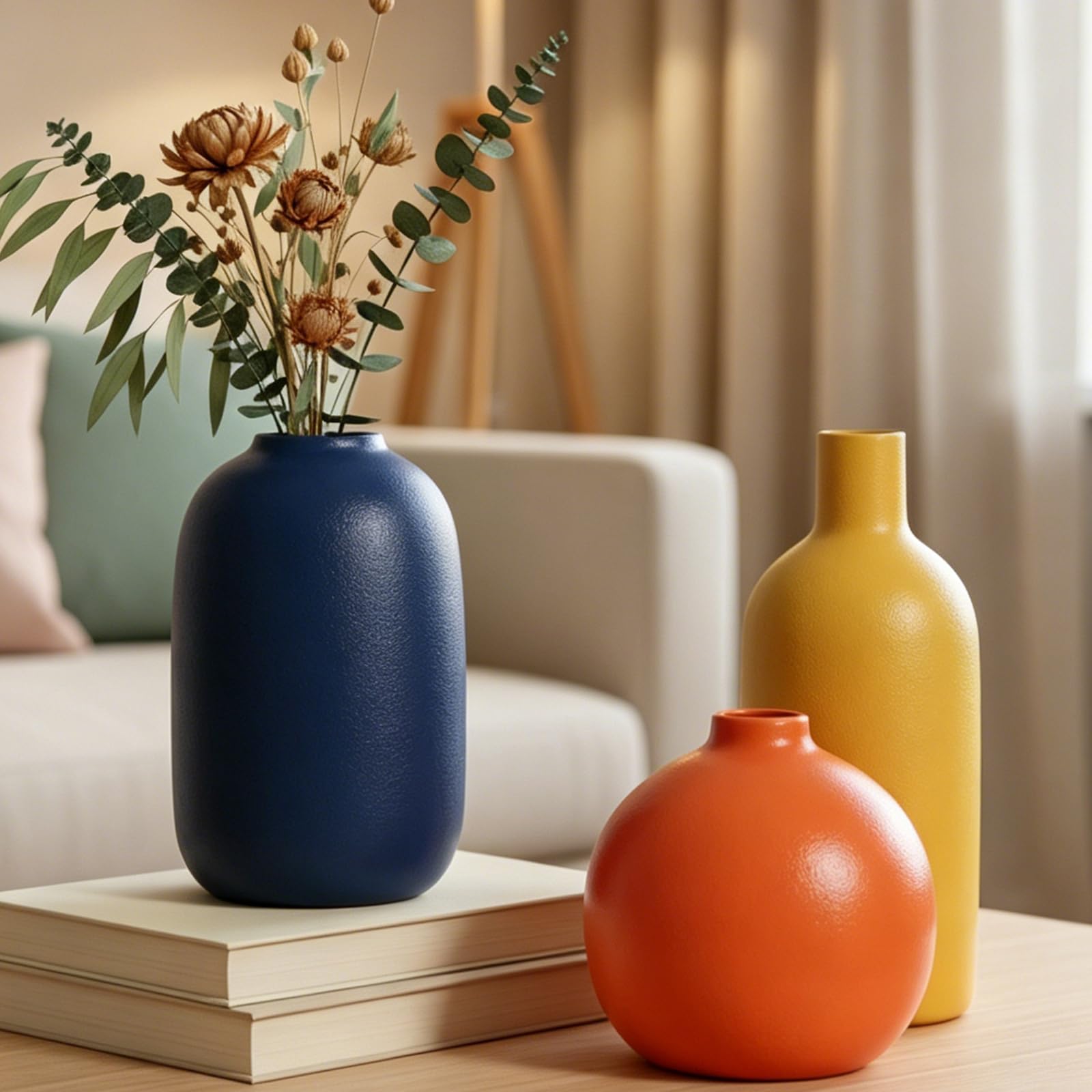 Photo 1 of [The yellow vase is missing] Colorful Ceramic Vase Set, Small Burnt Orange Blue Yellow Vases Home Decor,Fall Décor Modern Farmhouse Vases for Home Decor, Organic Decor Accents for Living Room, Table, Shelf, Entryway, Set of 3