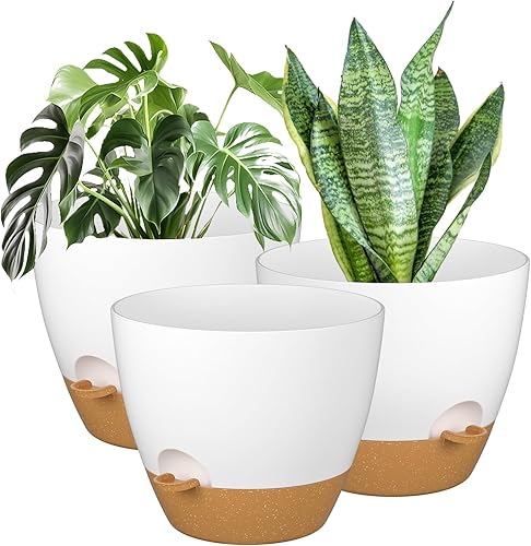 Miniatura 9 de ZMTECH 3 macetas de 12 pulgadas para plantas de interior, maceta grande de riego automático con agujeros de drenaje y platillo para plantas al aire