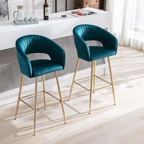 Miniatura 3 de Juego de 2 taburetes de bar de terciopelo de 30 pulgadas, taburetes de bar tapizados de altura de mostrador con reposabrazos trasero, taburetes de