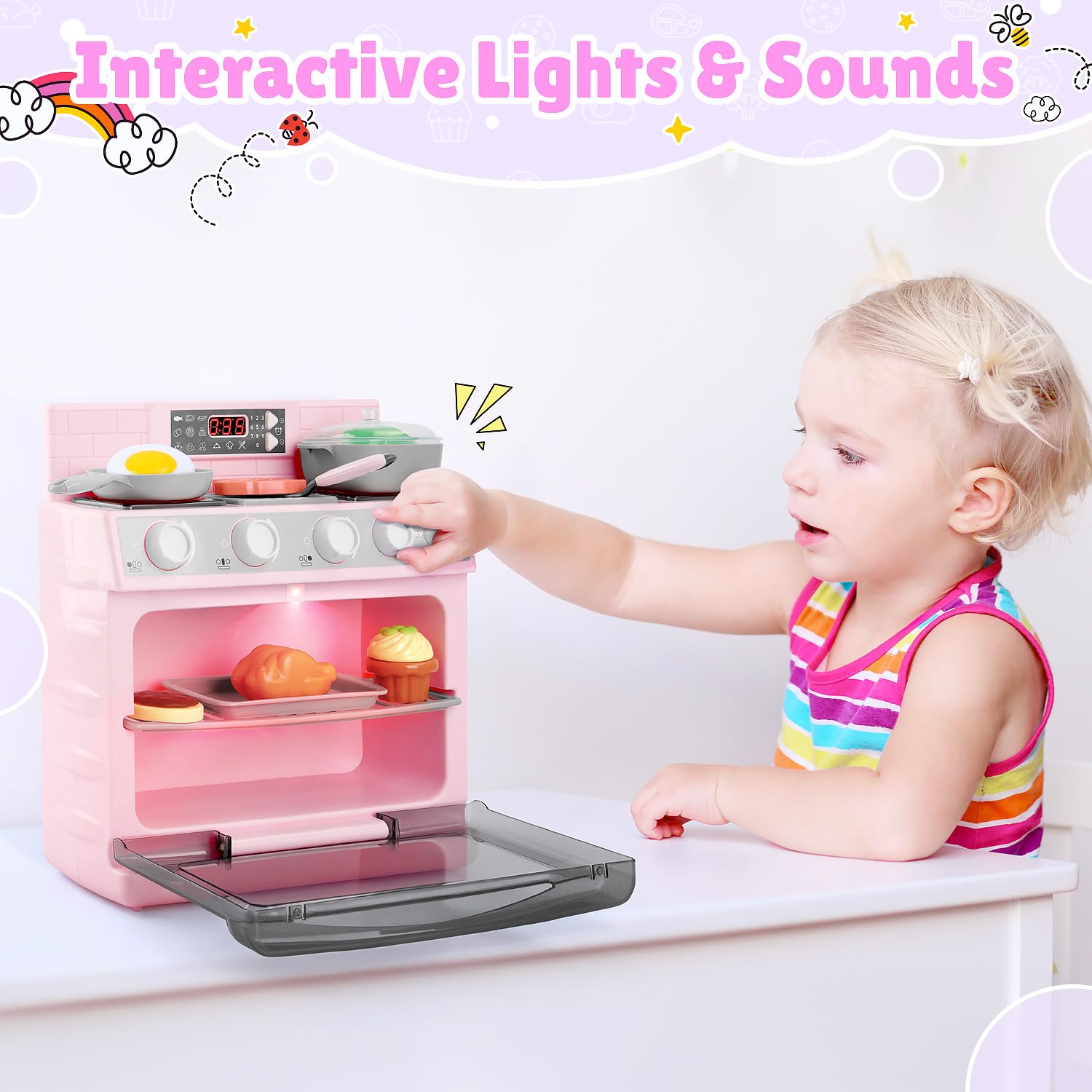 Horno de juguete para niños, juego de cocina para niños con 11 accesorios, sonidos y luces de cocina realistas, horno de juego de simulación, juego de regalo de cocina para niñas y niños a partir 2