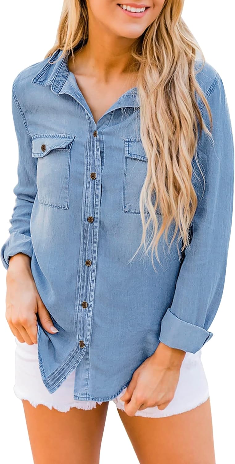 luvamia Denim Shirt Women Chambray Jean Western Shirts Long Sleeve Button Down Tops - Image 6