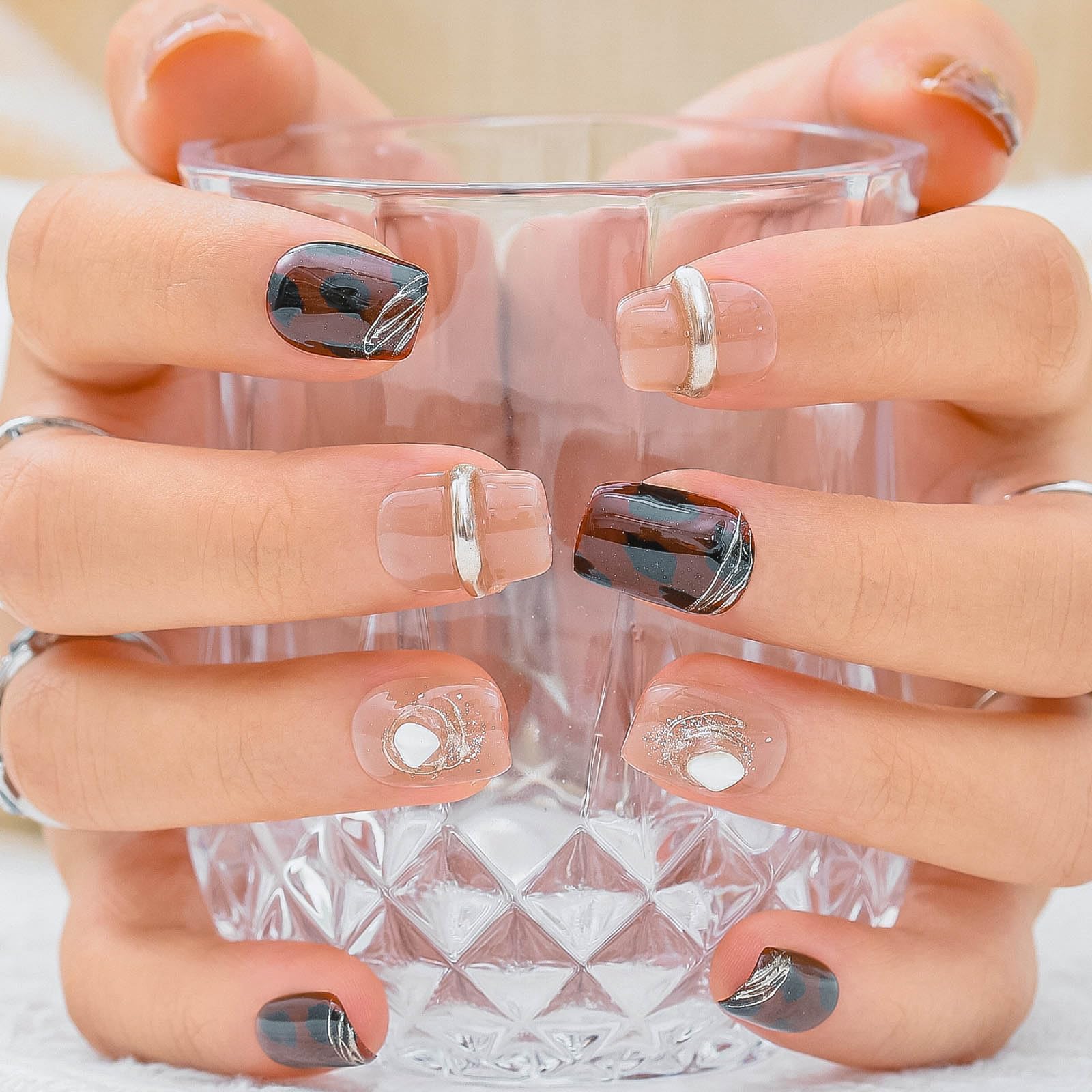 Sethexy Medium Long Coffin Handmade False Nails - Leopard Print, Gold Line, Winner Press on Nails Women Salon Stick on Nails 10PCS - Image 2