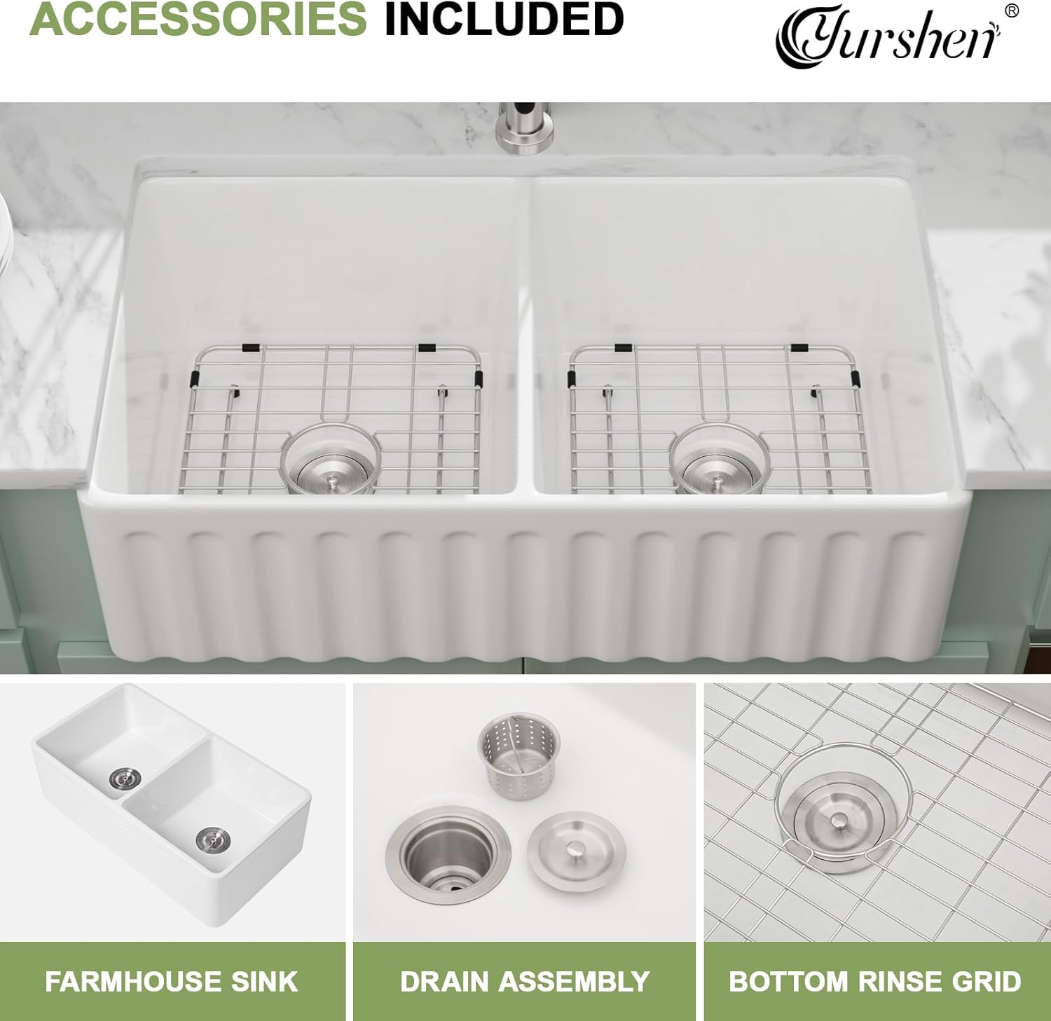 33 Inch White Fireclay Farmhouse Sink 50/50 Double Bowl Apron Front Ceramic Kitchen Sinks Extra Large Country Barn Style Farmer Sink Basin, 33"X18"X10" #YSAC0201