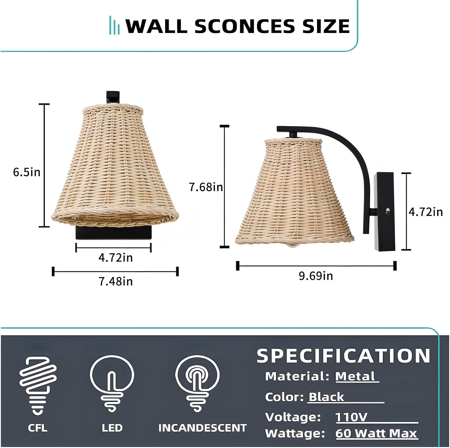 Boho Rattan Wall Sconce Set of Two, Wrapped Wall Light Fixtures with Hand Woven Wicker Lamp Shade, Farmhouse Rustic Indoor Wall Mount Lighting Fixture for Bedroom Bedside Living Room Hallway Bathroom