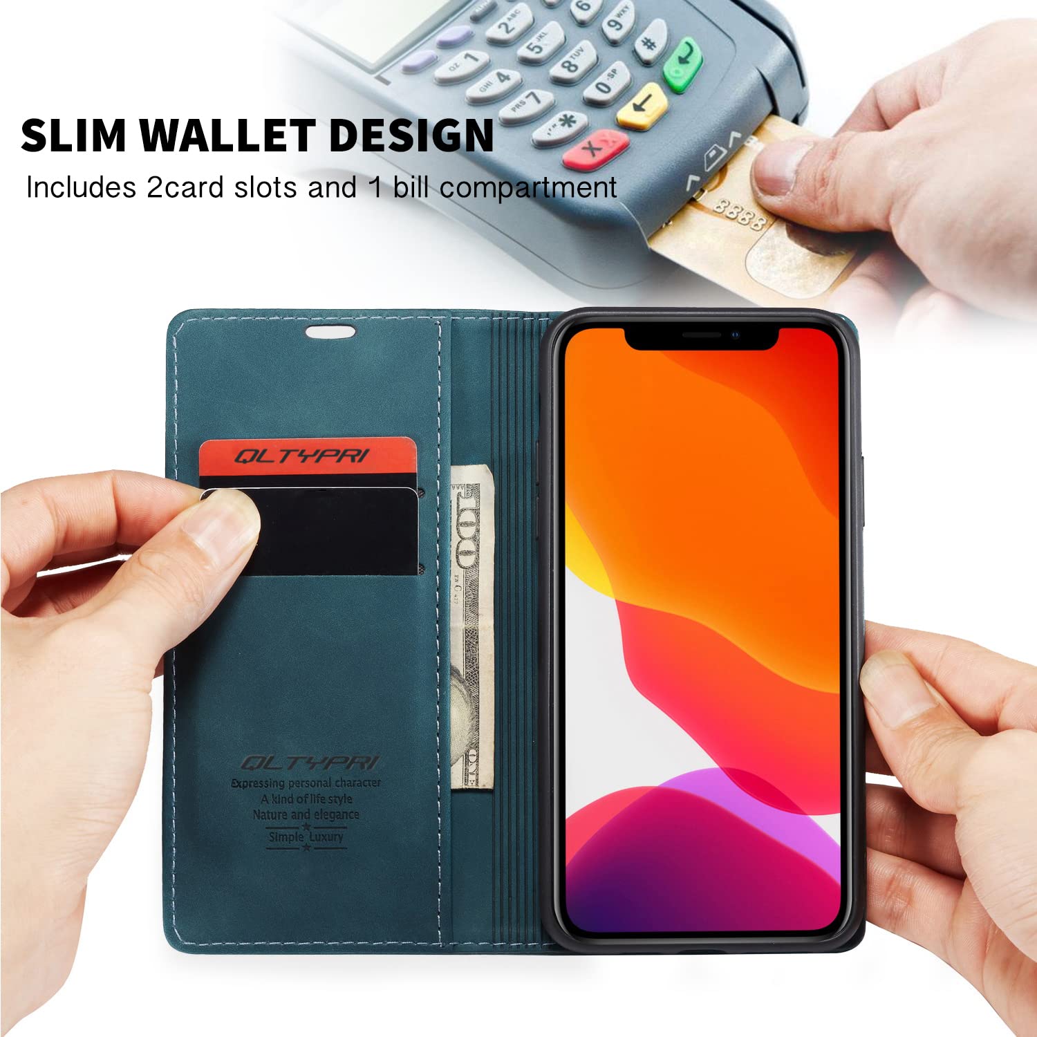 QLTYPRI for iPhone 11 Case Vintage PU Leather Wallet Case TPU Bumper [Card Slots] [Hands-Free Kickstand] [Magnetic Closure] Shockproof Flip Folio Case for Apple iPhone 11 6.1 inch - Blue