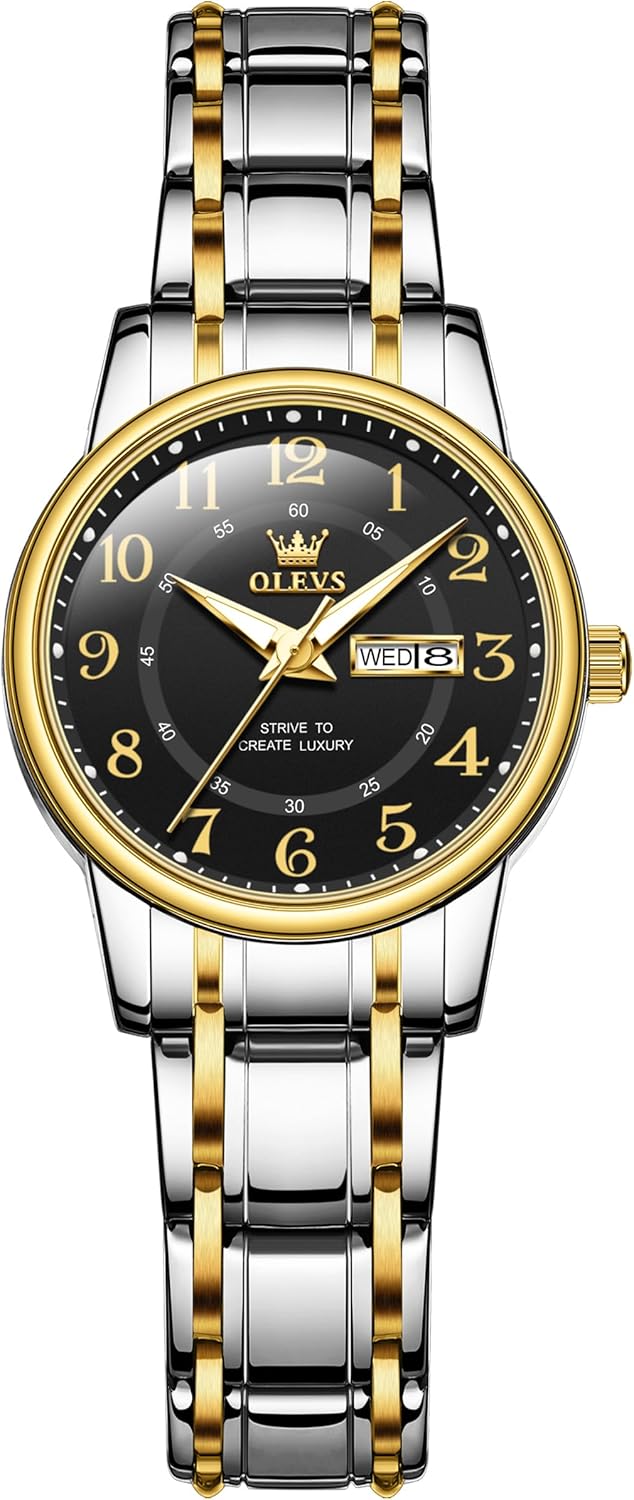 OLEVS Watches for Women, Womens Silver Dress Waterproof Two Tone Analog Stainless Steel Luxury Fashion Arabic Numerals Dainty Watch, Ladies Watches for Small Wrists with Date Gold Black Number Dial