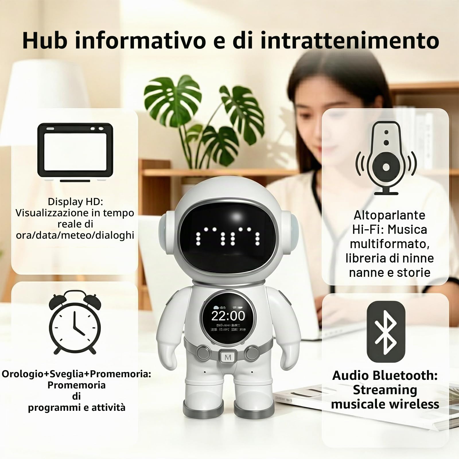 Astronauta AI - Robot da scrivania con 3 modelli Mainstream KI, controllo vocale, altoparlante Bluetooth, luce notturna, allarme intelligente e indicatore meteo, perfetto per ufficio
