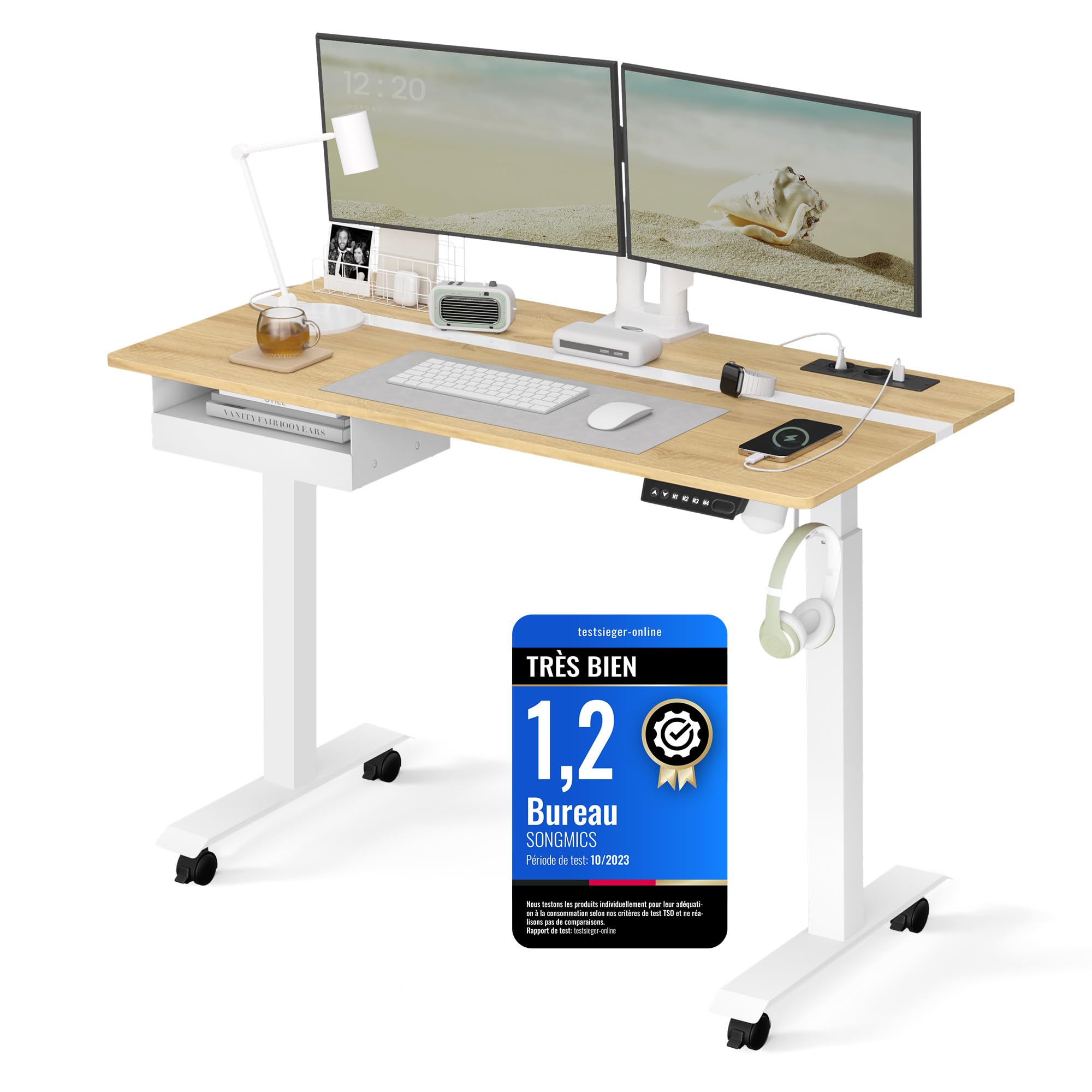 Bureau électrique Assis-debout VASAGLE 140x60 Cm - Réglable 72-120 Cm, Fonction Mémoire, Multiprise USB, Support écran, Crochet, Marron Rustique