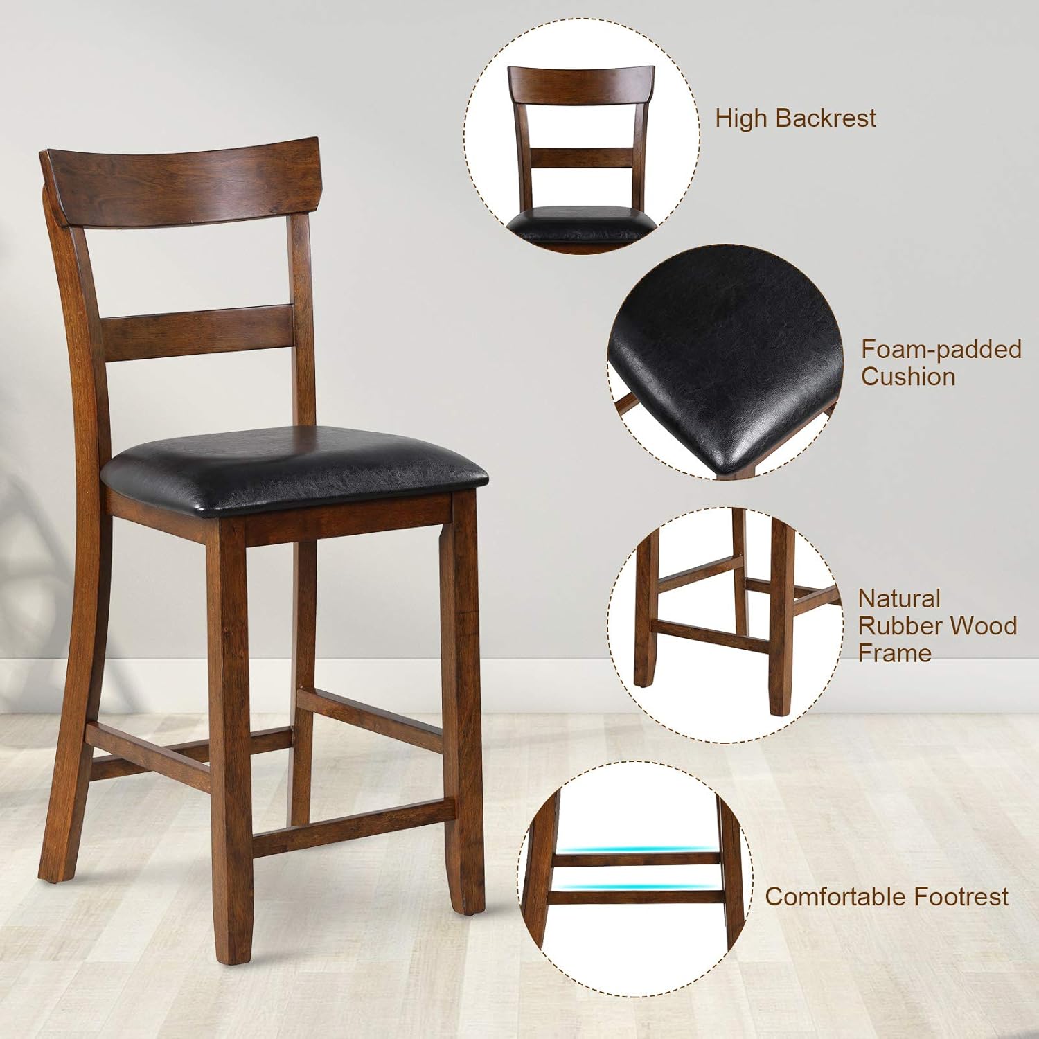 COSTWAY Bar Stools Set of 2, 25.5-Inch Counter Height Chair with Backrest, Foam-Padded Cushion, Rubber Wood Legs, Wooden Vintage Dining Chair for Bistro, Living Room, Kitchen, Brown and Black