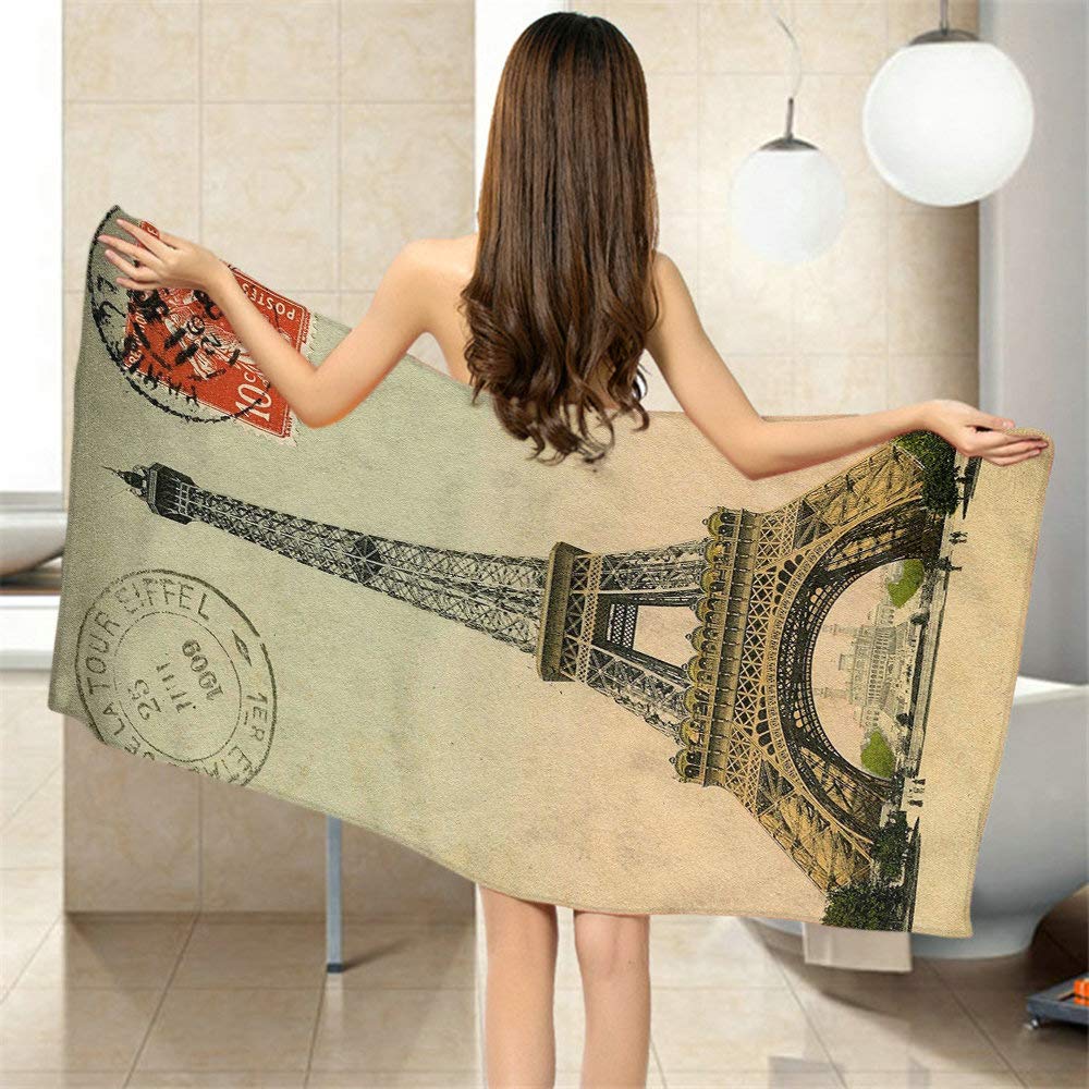 Moslion Comfy Bath Towels Retro Paris Eiffel Tower Postmark Soft Bathing/Beach/Camping Towel for Women Men Girls Boys Large Size 64x32 Inches