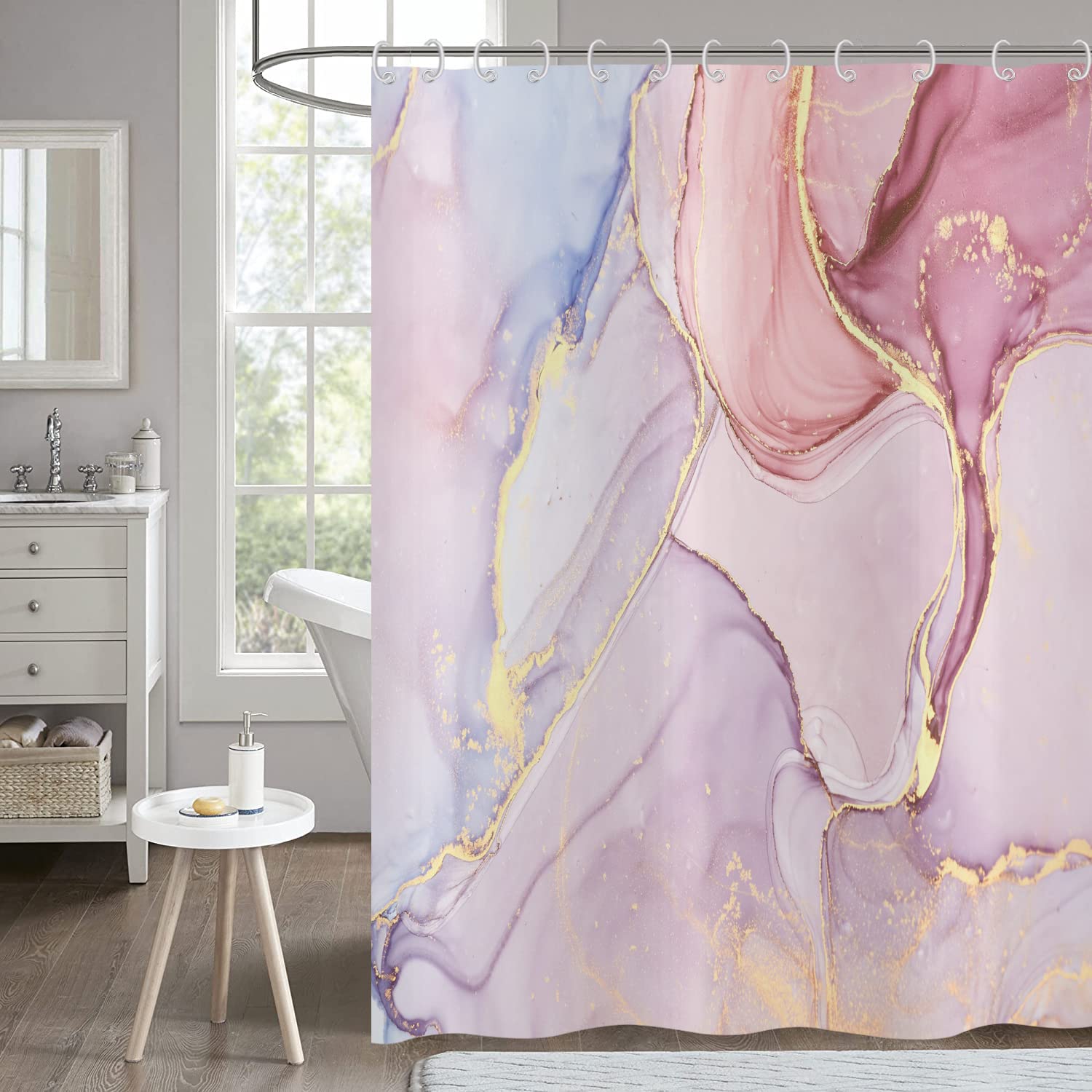Pink Marble Shower Curtain 165x180, Hnmdmyi Abstract Rose Gold Purple Glitter Bathroom Curtains Modern Luxury Ombre Crystal Texture Ink Art Waterproof Polyester Fabric Washable Bath Curtain with Hooks — image 1
