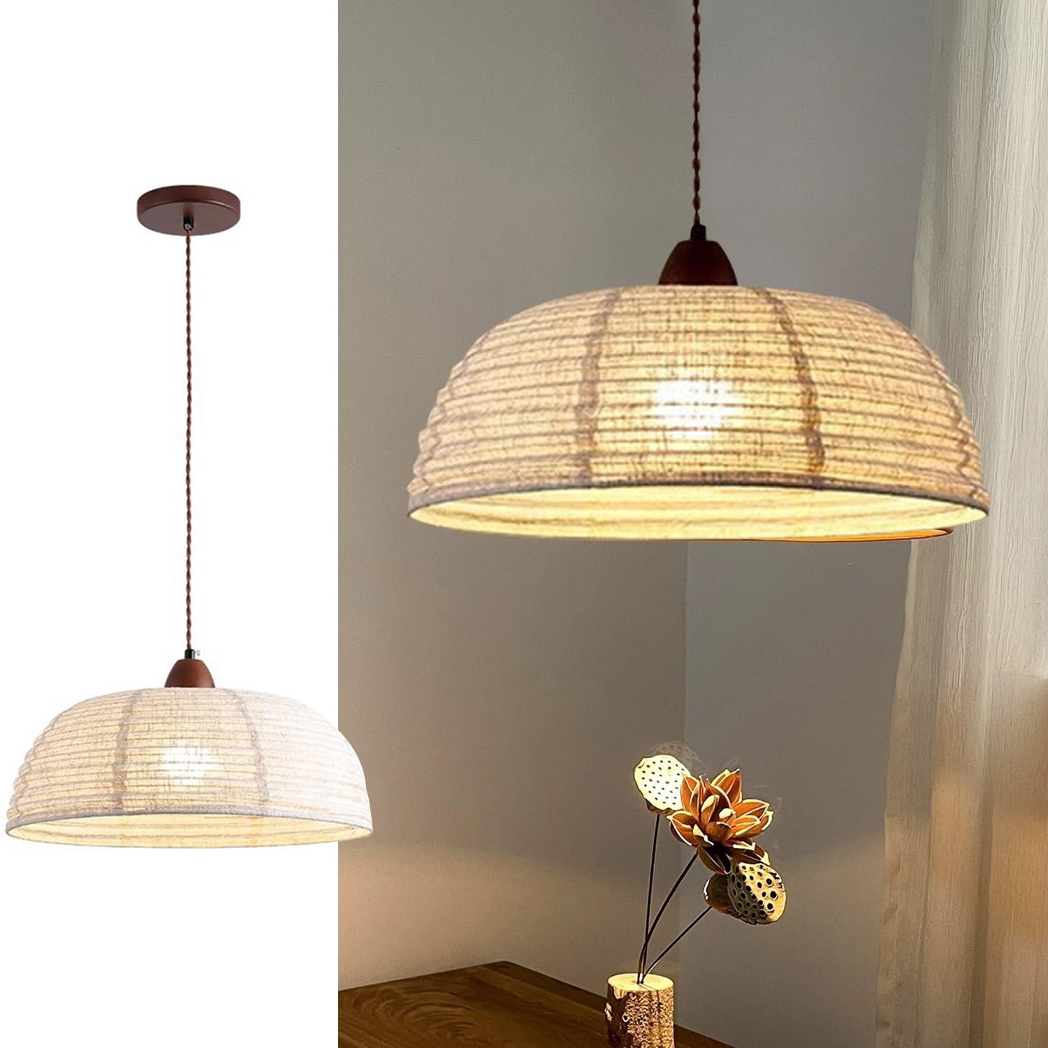 Wiszaca Lampa Vintage Bohemian Z Sznura Konopnego, Żyrandol Sufitowy E27 W Stylu Wiejskim Z Naturalnym Kloszem Lnianym Do Kuchni Jadalni Salonu Sypialni Kawiarni Baru,40cm