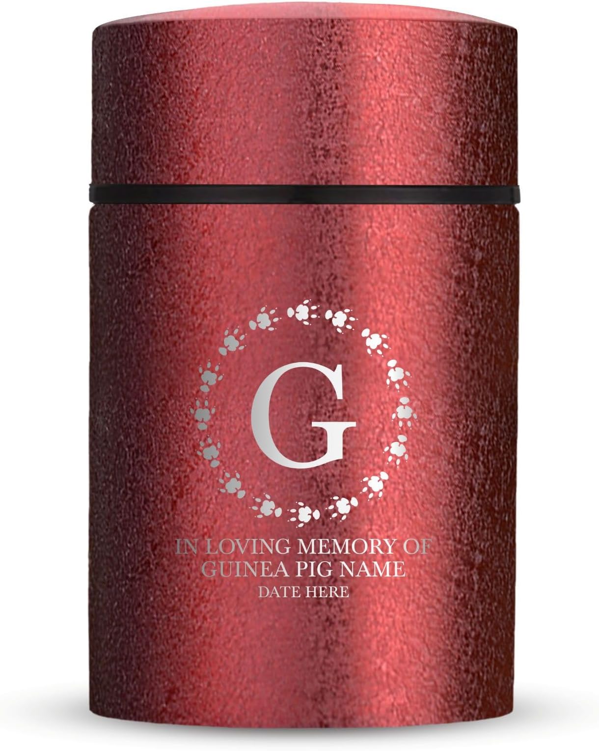 Personalized Custom Compact Mini Guinea Pig Keepsake Textured Pet Cremation Urn - Engraved Stainless Urn for Pet Memorial Ashes, Ice Red, 3.2" x 2" (4-8 lbs Capacity) Guinea Paw Print Circular Frame