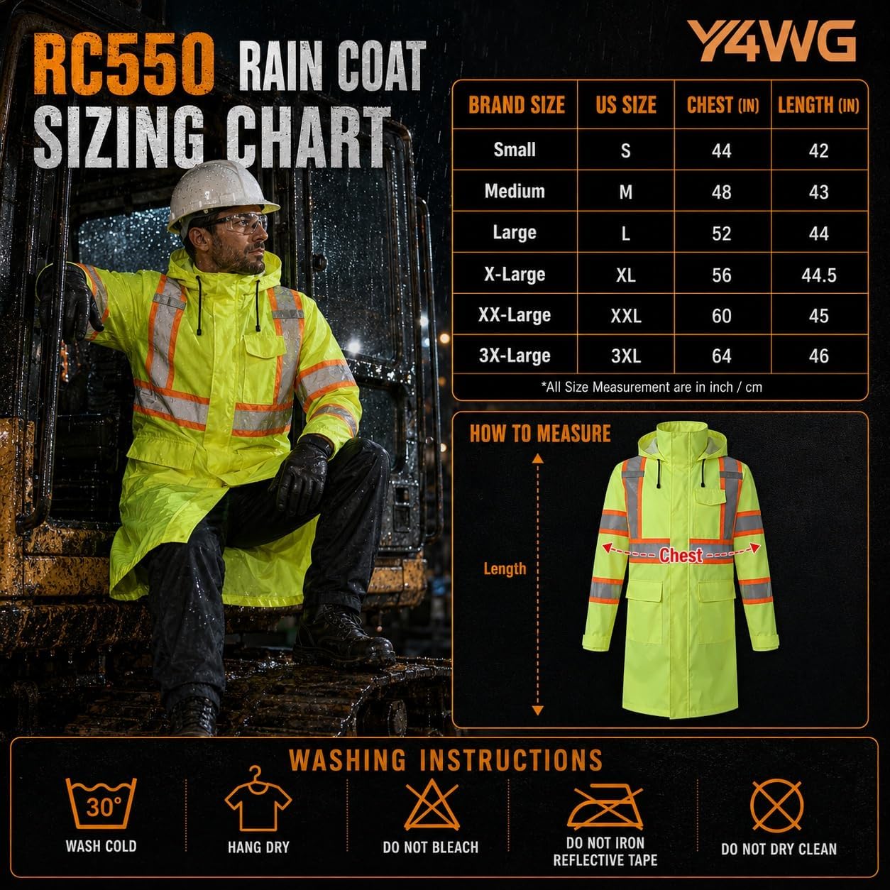 Hi Vis Long Rain Coats for Men Reflective Safety Rain Jacket Waterproof Class 3 High Visibility Trench Coat(RC550)