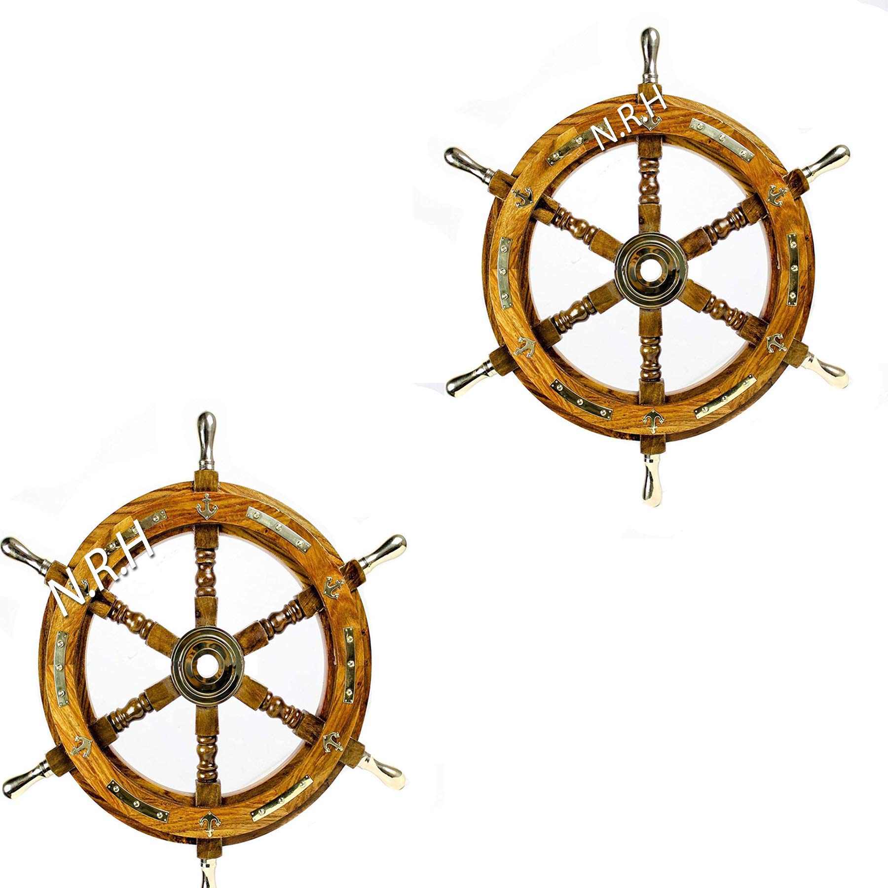 Ancora in Legno Naturale e Ottone per Barca a Forma di Ruota della Nave con Maniglie in Ottone, 61 cm