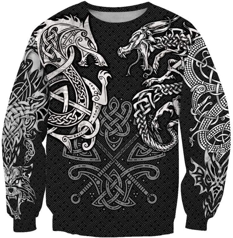 Norse Mythology Celtic Wolf/Dragon War Viking Hoodie, Vintage Odin Tattoo 3D Print Pullover Sweatshirt, Unisex Harajuku Street Jacket