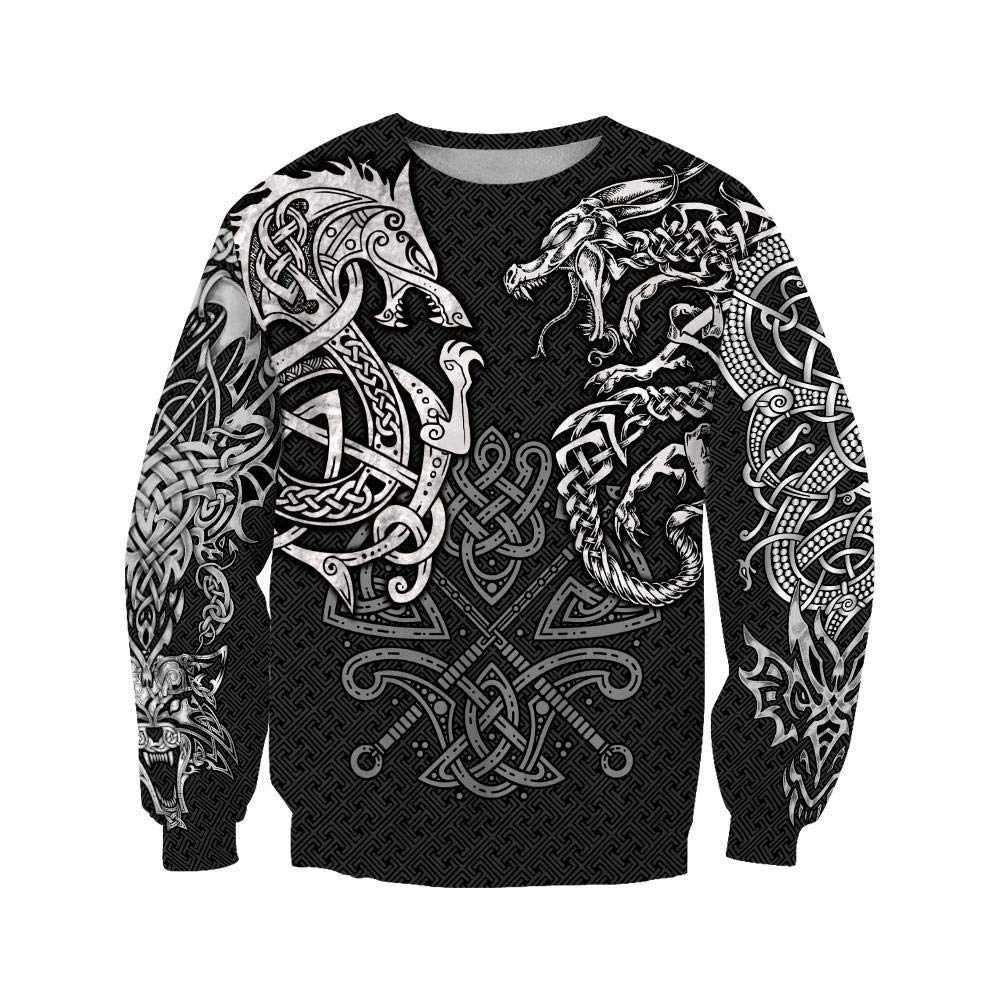 Norse Mythology Celtic Wolf/Dragon War Viking Hoodie, Vintage Odin Tattoo 3D Print Pullover Sweatshirt, Unisex Harajuku Street Jacket