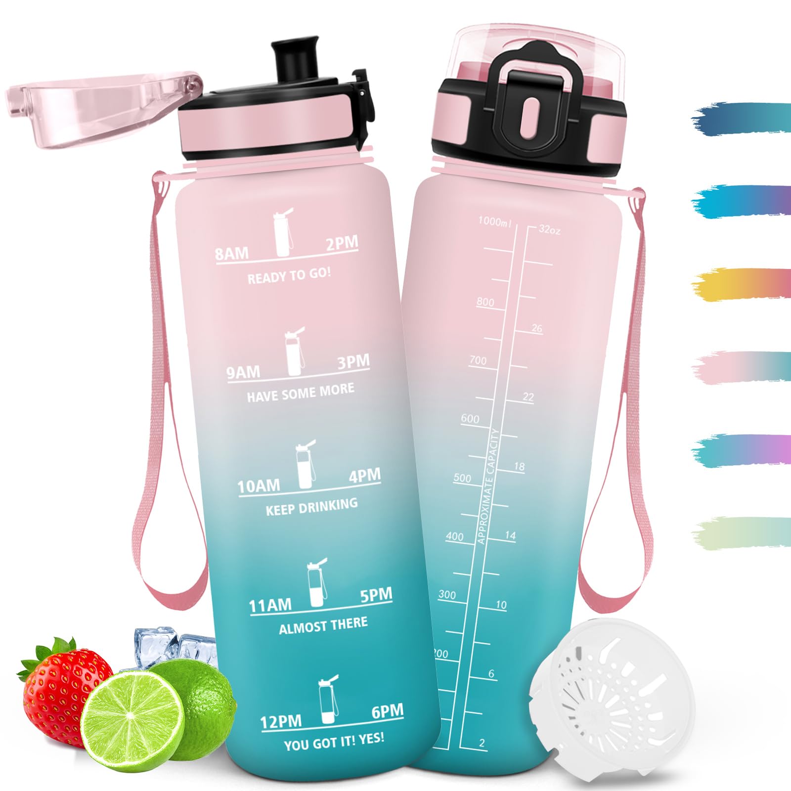 Mulbijeo Trinkflasche 1L, Auslaufsicher mit Zeitmarkierung, Wasserflasche mit Filter, Trinkflasche Kohlensäure Geeignet, Wiederverwendung, Wasserflasche für Fahrrad, Camping, Yoga, Fitness