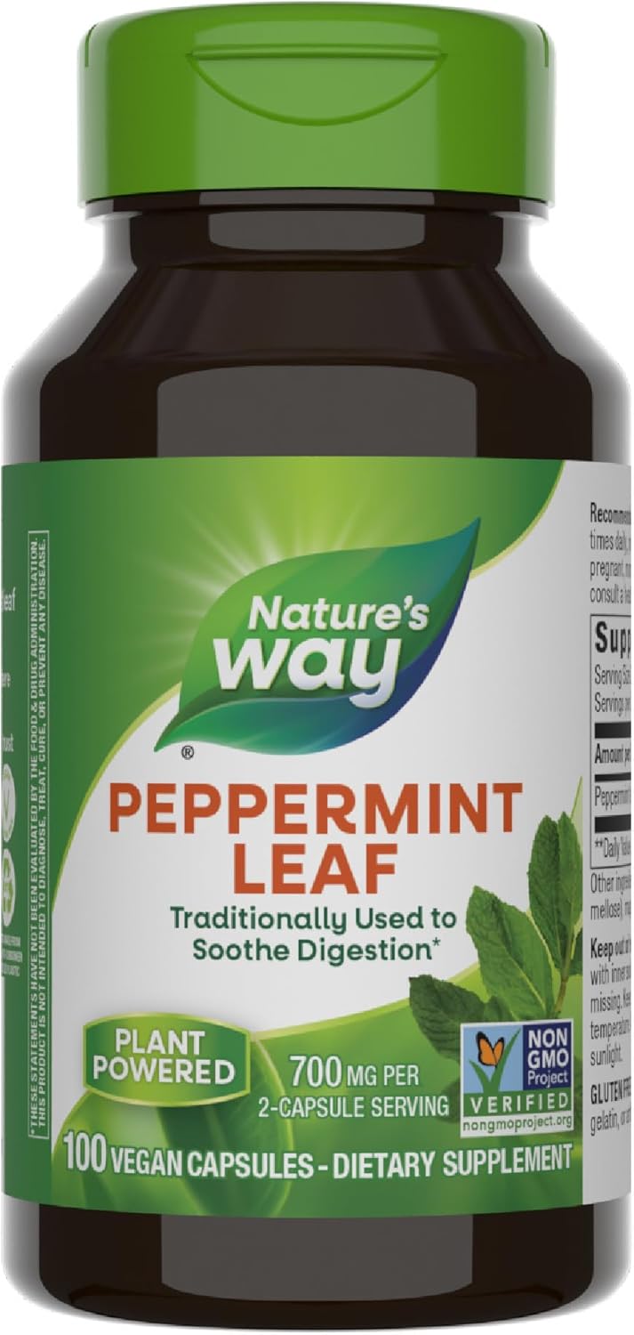 Nature’s Way Peppermint Leaf, Traditionally Used to Soothe Digestion*, 700 mg per 2-Capsule Serving, Non-GMO Project Verified, 100 Vegan Capsules (Packaging May Vary)