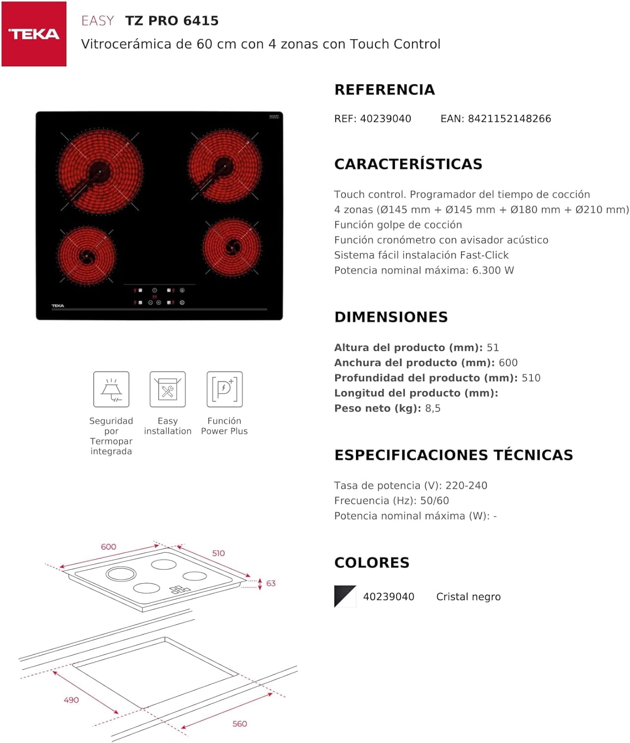 Detailed technical specifications sheet for Teka TZ6415