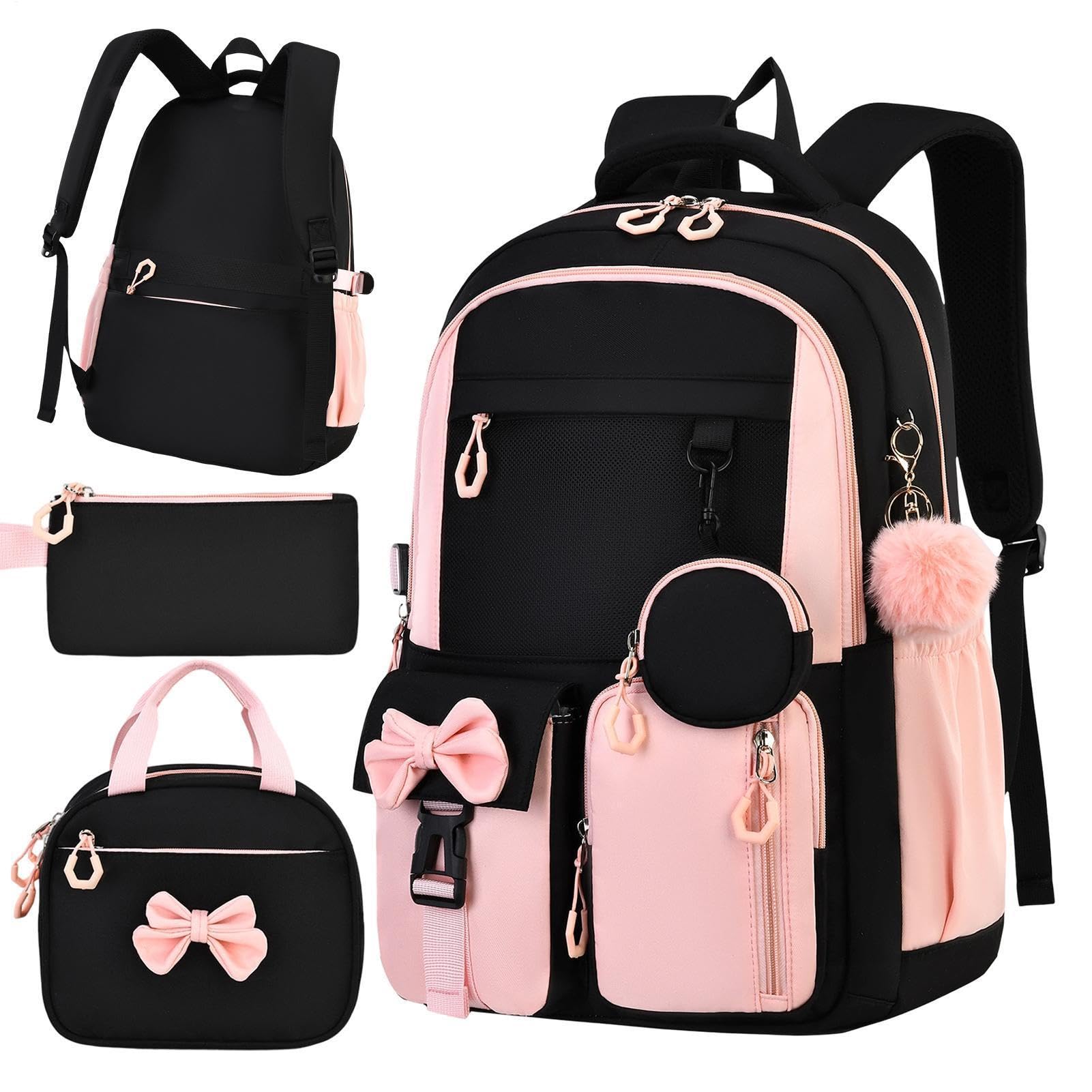 Mädchenschulrucksäcke 3-teiliges Reiseset mit Brotdose und Federmäppchen | Leichter Schülerrucksack für Wasserflasche, Schulbücher, Wochenendausflüge, Reisen und