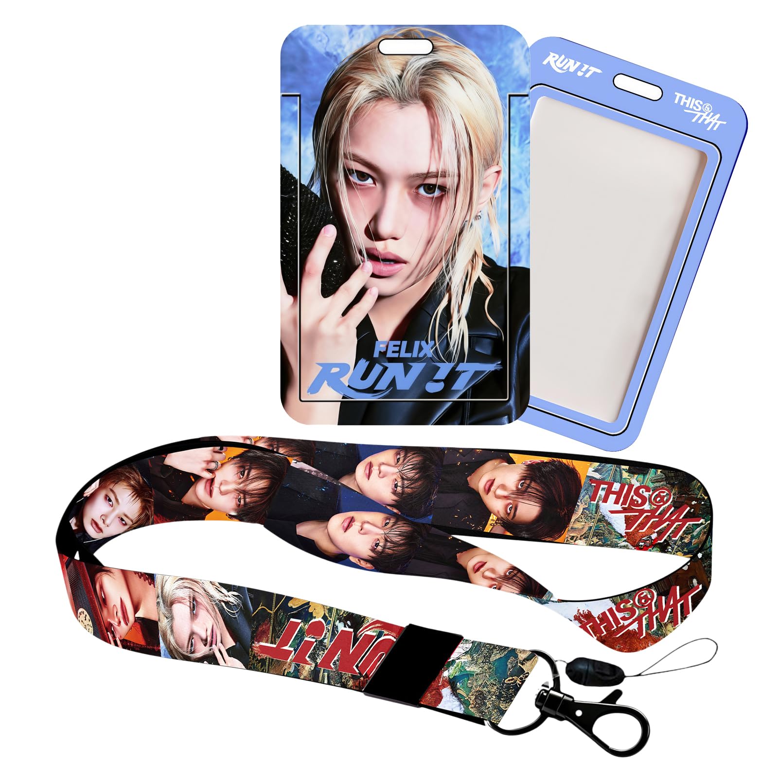 Stray Kids Run IT Photocard Holder Case and Lanyard Set, 1 Pcs Lanyard & 1 Pcs ID Photo Holder Stray Kids Plastic Badge Holder with Strap SKZ Merch Gift (Felix)