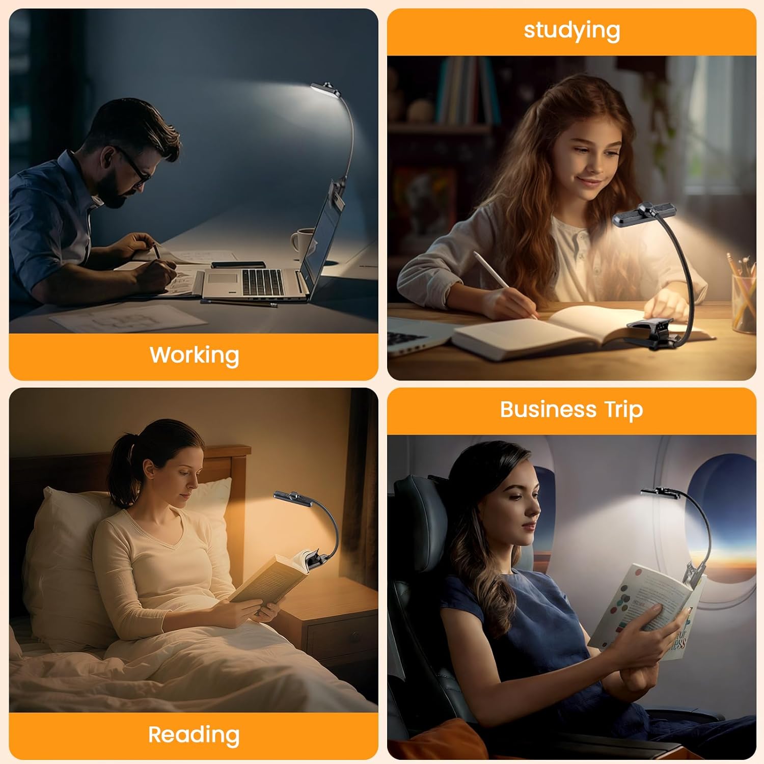 4 Pack Rechargeable Book Light 3 Color Temperatures & 5 Brightness Levels Portable Clip-on LED Reading Light 80 Hrs Runtime Flexible Goose Neck Clip on Light for Night Use,Perfect for Book Lovers