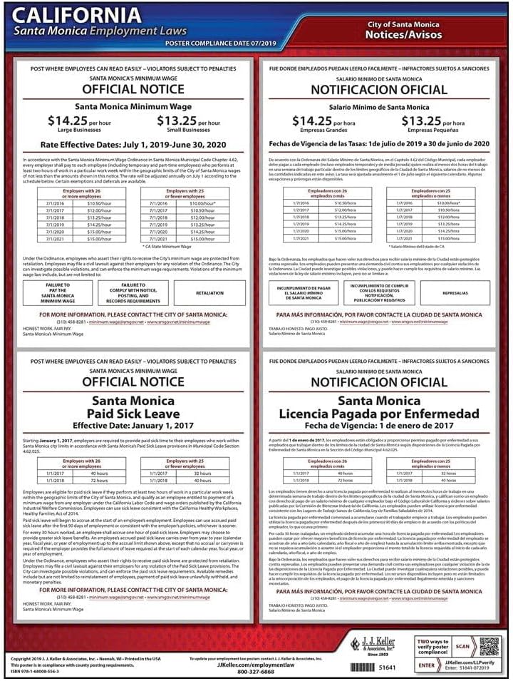 J. J. Keller & Associates, Inc. California/Santa Monica Municipal Code Poster - English & Spanish Laminated Labor Law Poster